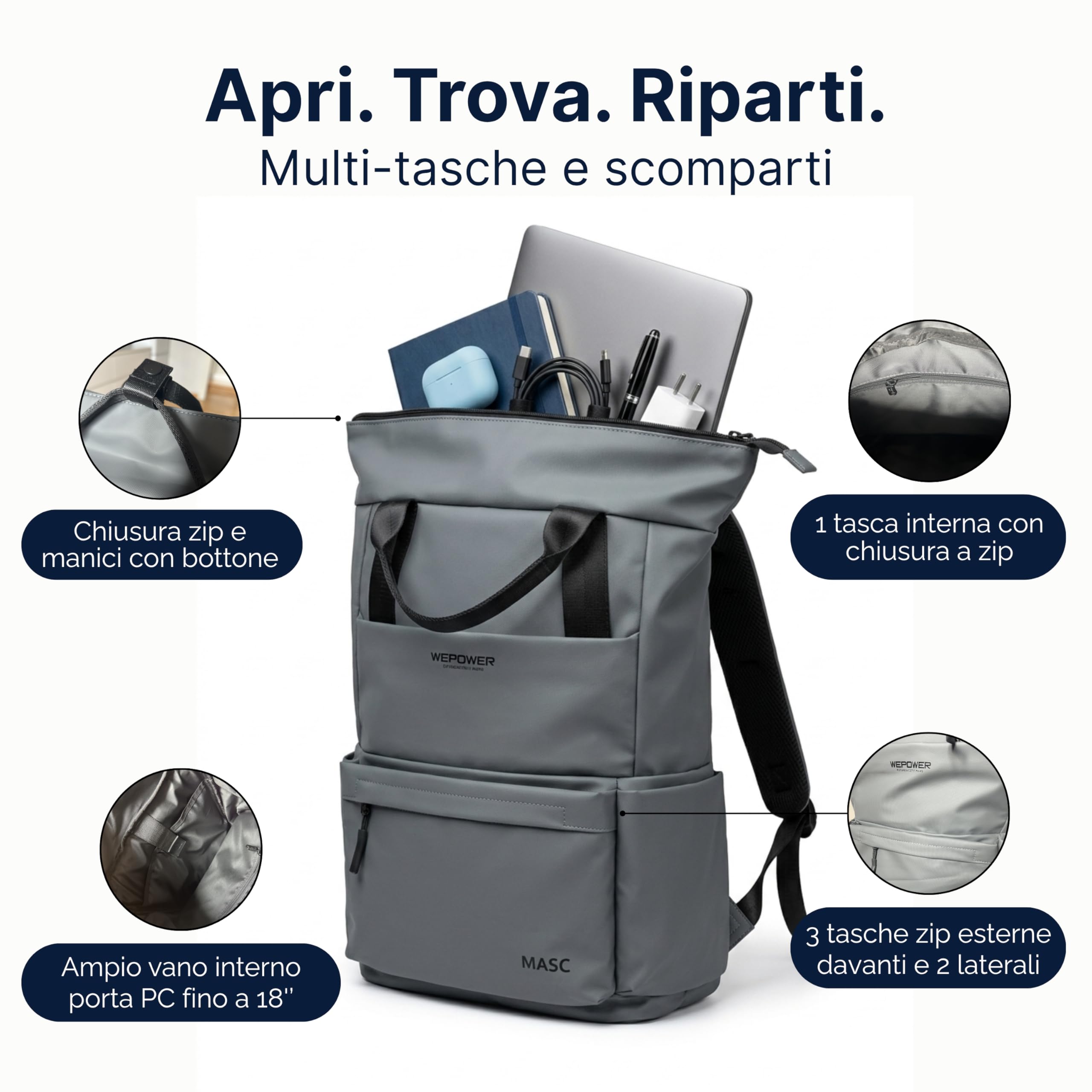 MASC Zaino Rolltop per PC, Zaino Professionale Elegante Multitasche, Ergonomico e Impermeabile ideale per l’Ufficio