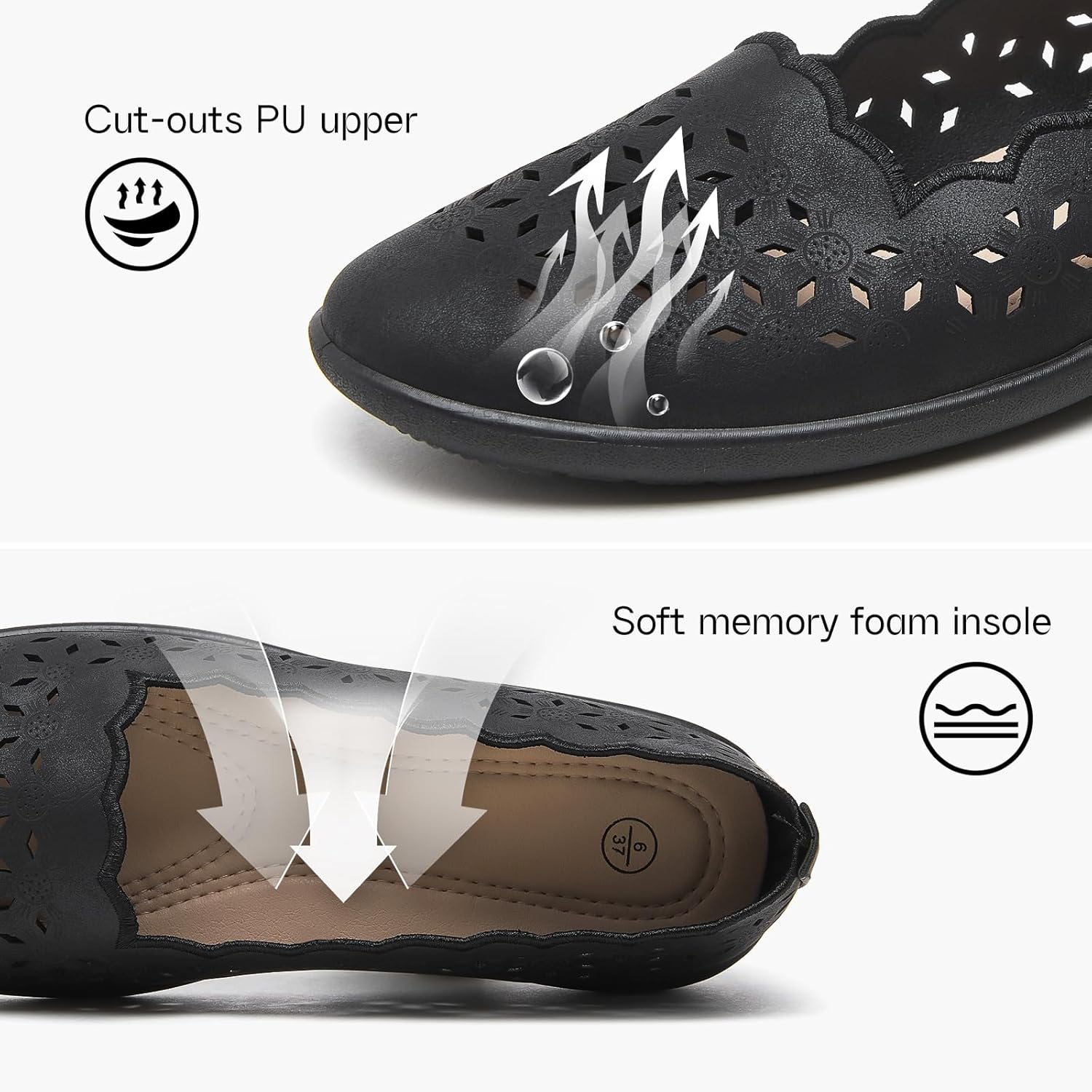 Shupua Flats for Women Dressy Comfortable Women's Ballet Flats Shoes Casual Black Flats Round Toe Womens Slip on Shoes PU Leather Flats Summer with Diamond Eyelets - Image 5