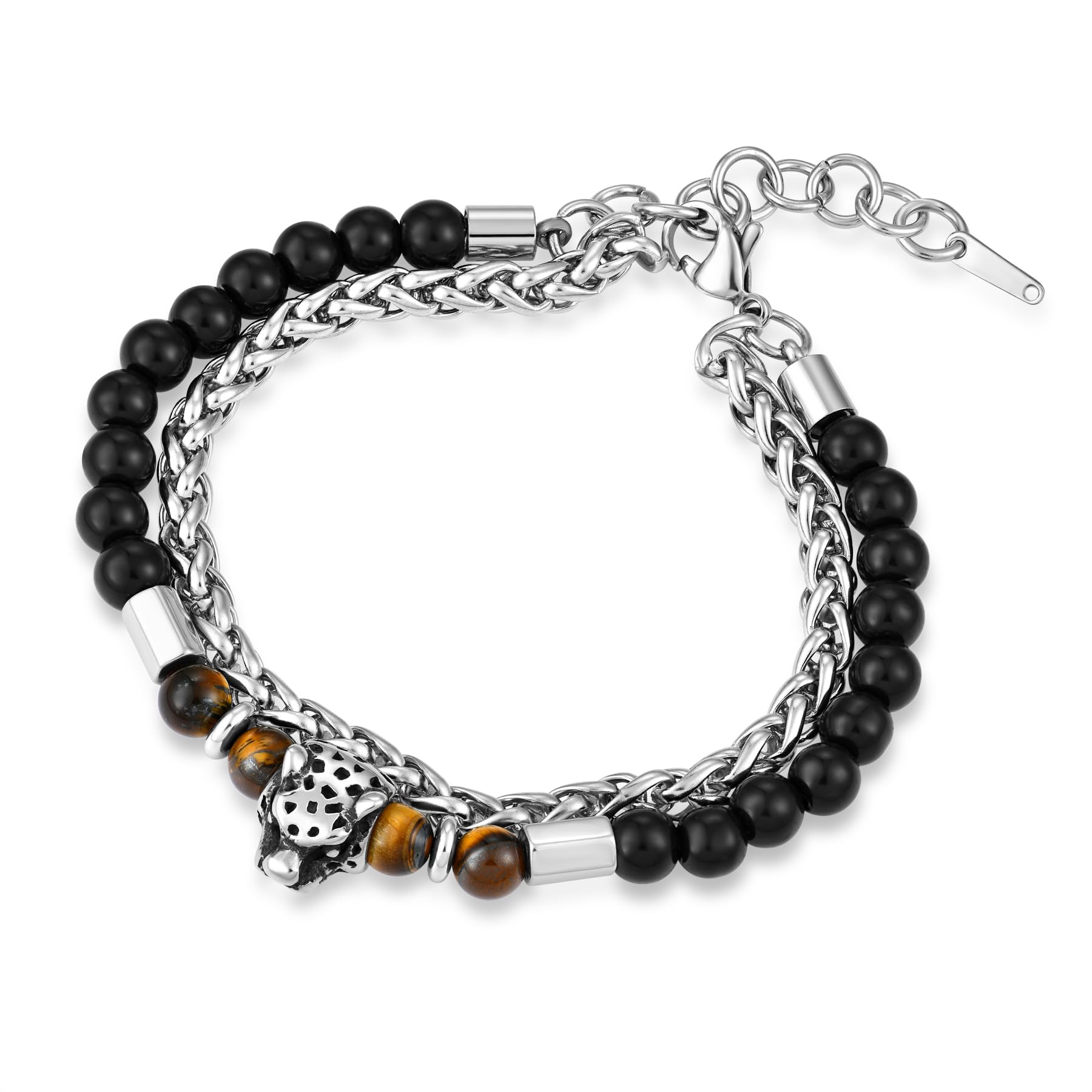 TIMFROZ Men Natural Stone Beads Bracelet with Vintage Wolf skull compass leopard lion Head Charm Stretchable Animal Strand