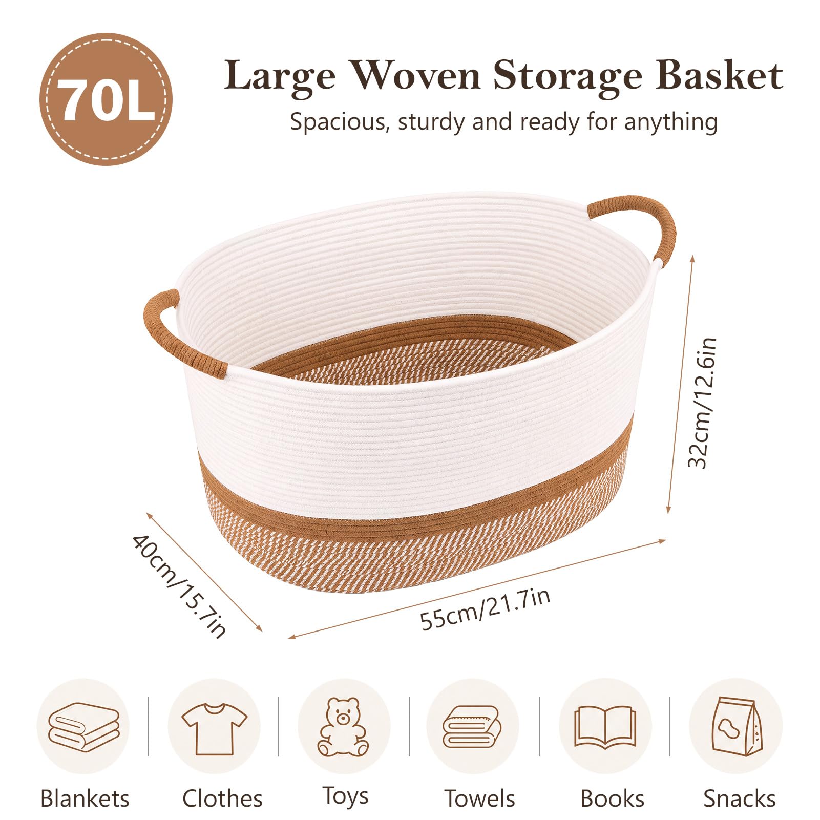 Cesto portabiancheria in tessuto da 70 l, 55 x 40 x 32 cm, ideale per vestiti, coperte, giocattoli e articoli per la casa. Perfetto per soggiorno, camera da letto o asilo nido