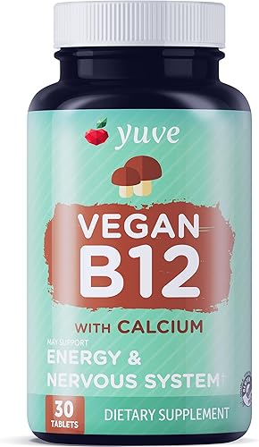 Yuve Vegano B12 con calcio para una máxima absorción, energía activa y apoyo del sistema nervioso central, 1000 mcg de cobalamina vitamina B 12,