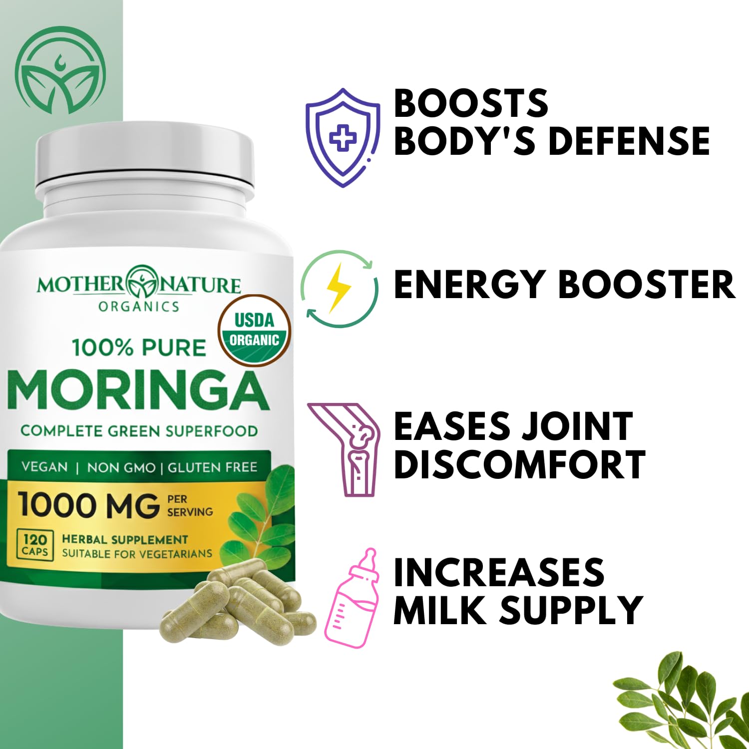 Organic Moringa Capsules, USDA Moringa Leaf Powder 1000mg, 120 Vegan Caps — Amazon image 8