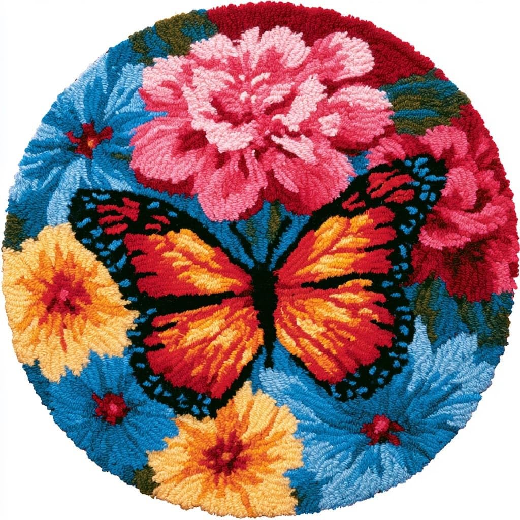 AMBATTERY Round Latch Hook Kits Pre-Printed Rug,Butterflies and Flowers
