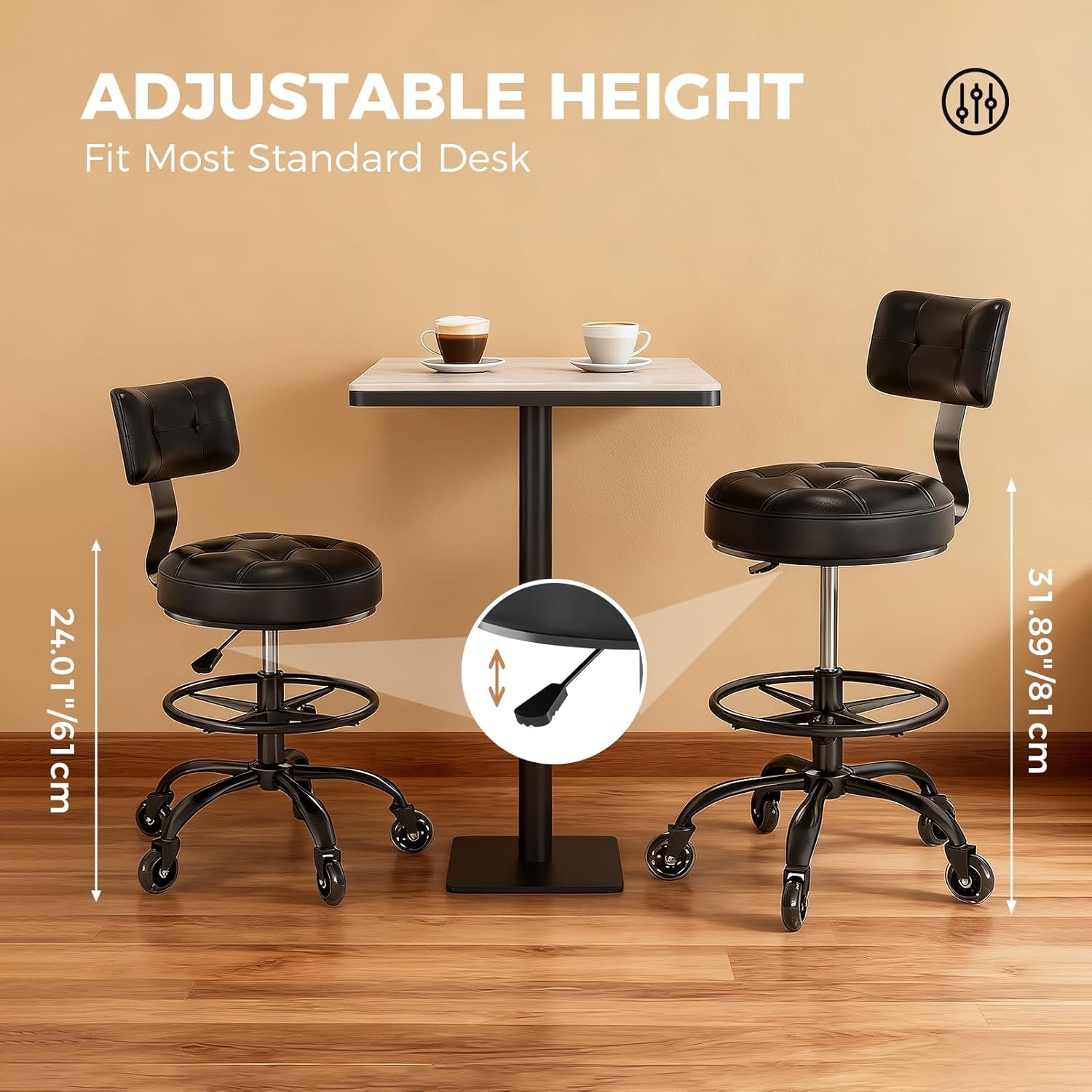 Office Drafting Chair with Footrest, Tall Height Adjustable Stool with Back Support, Heavy Duty Rolling Stool Chair with Wheels for Office Home Kitchen Bar Shop Guitar Studio Medical Vanity(Black) - Image 2