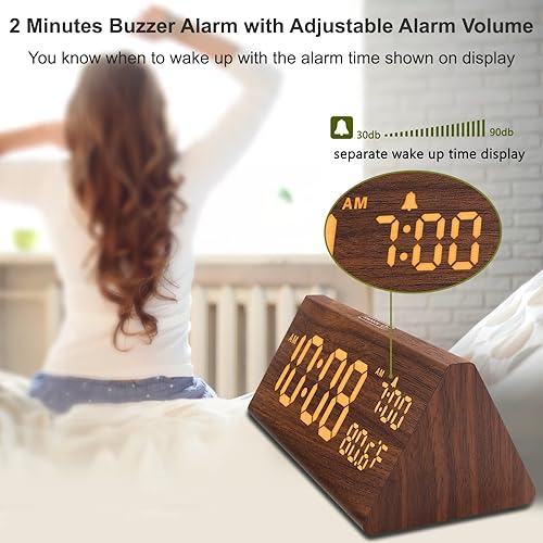 Miniatura 4 de DreamSky Reloj despertador digital de madera para dormitorio, reloj eléctrico de 7.7 pulgadas con puerto USB, números grandes, temperatura,