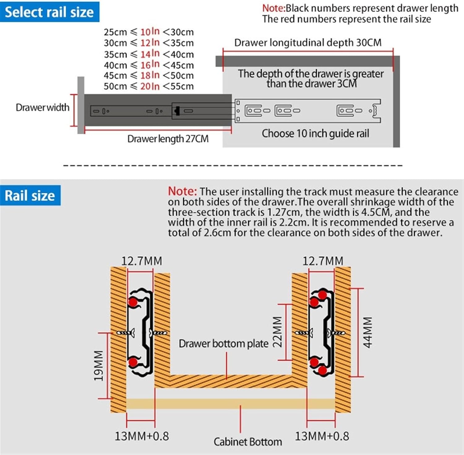 Hardware Full Extension Side Mount Drawer Slides Three Sections 1 Pair of Drawer Slides 25-50cm Silent Rebound Type 3 Types of Cold Steel Stainless(50cm-20inch)