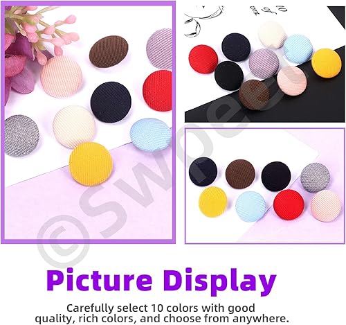 Miniatura 6 de Swpeet Juego surtido de 100 botones redondos de tela de 10 colores de 0.591 in cubiertos de tela de metal, perfecto para vestido de novia de boda,