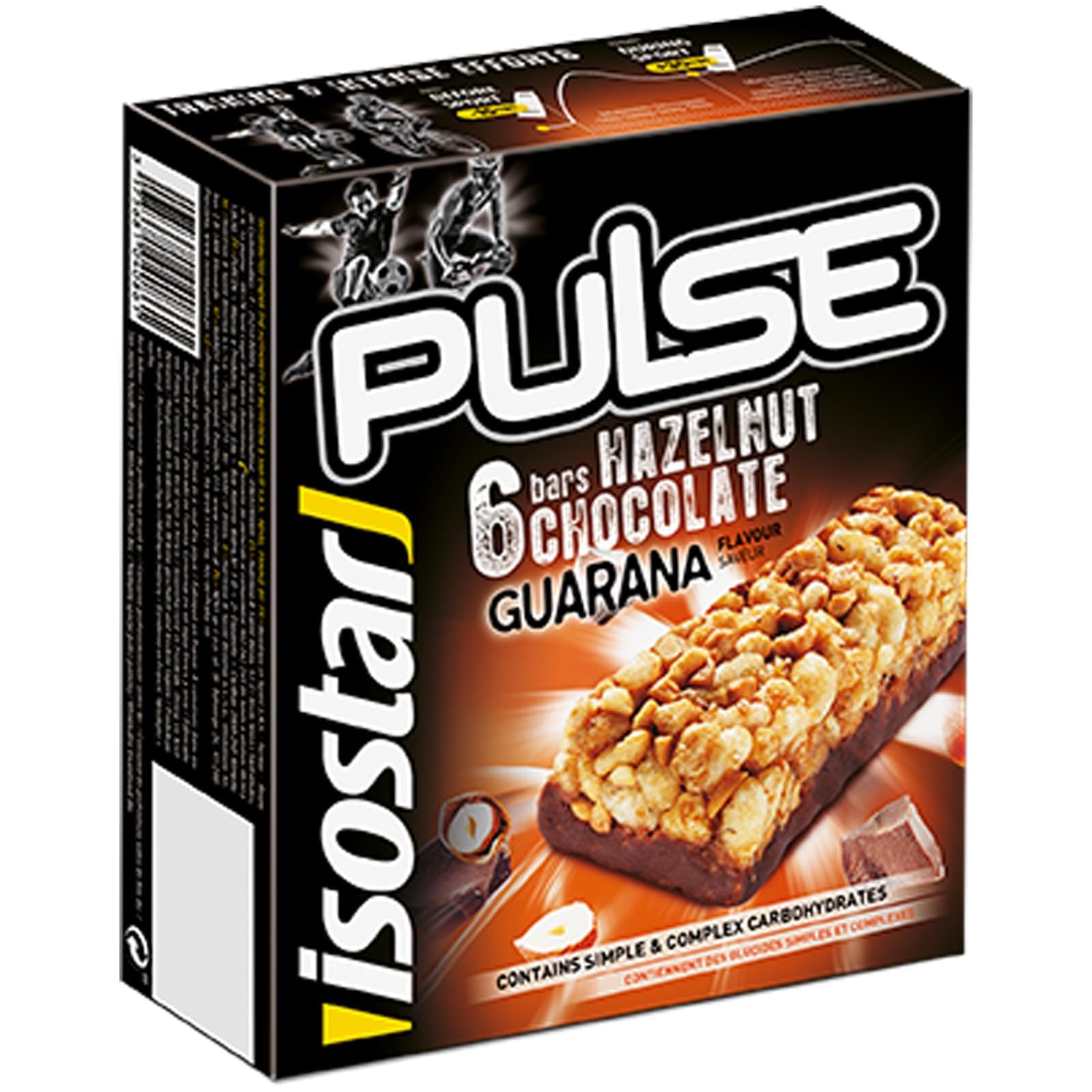 Isostar Barritas Pulse. Barritas de avellana con chocolate energéticas con hidratos de carbono de utilización rápida y progresiva. guaraná y alto contenido en vitaminas. 6x23g
