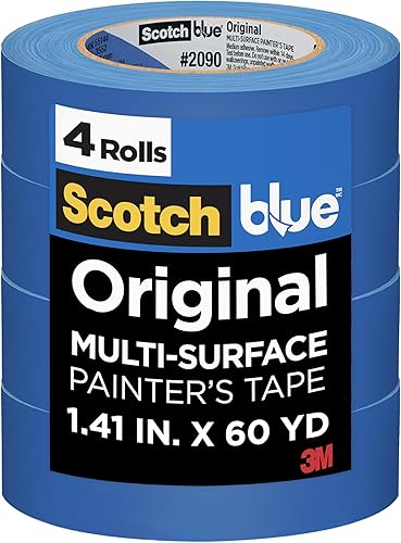 ScotchBlue Cinta de pintura original para múltiples superficies, 1.41 pulgadas x 60 yardas, 4 rollos, azul, cinta de pintura que protege superficies