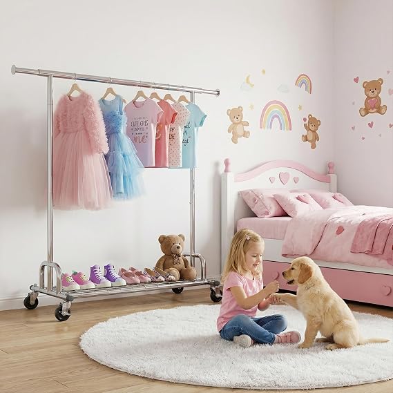 HOKEEPER Heavy Duty Clothes Rack, Adjustable Garment Rack, Metal Rolling Clothing Rack for Hanging Clothes with Wheels, Portable Closet Rack for Bedroom Laundry Room