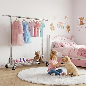 HOKEEPER Heavy Duty Clothes Rack, Adjustable Garment Rack, Metal Rolling Clothing Rack for Hanging Clothes with Wheels, Portable Closet Rack for Bedroom Laundry Room