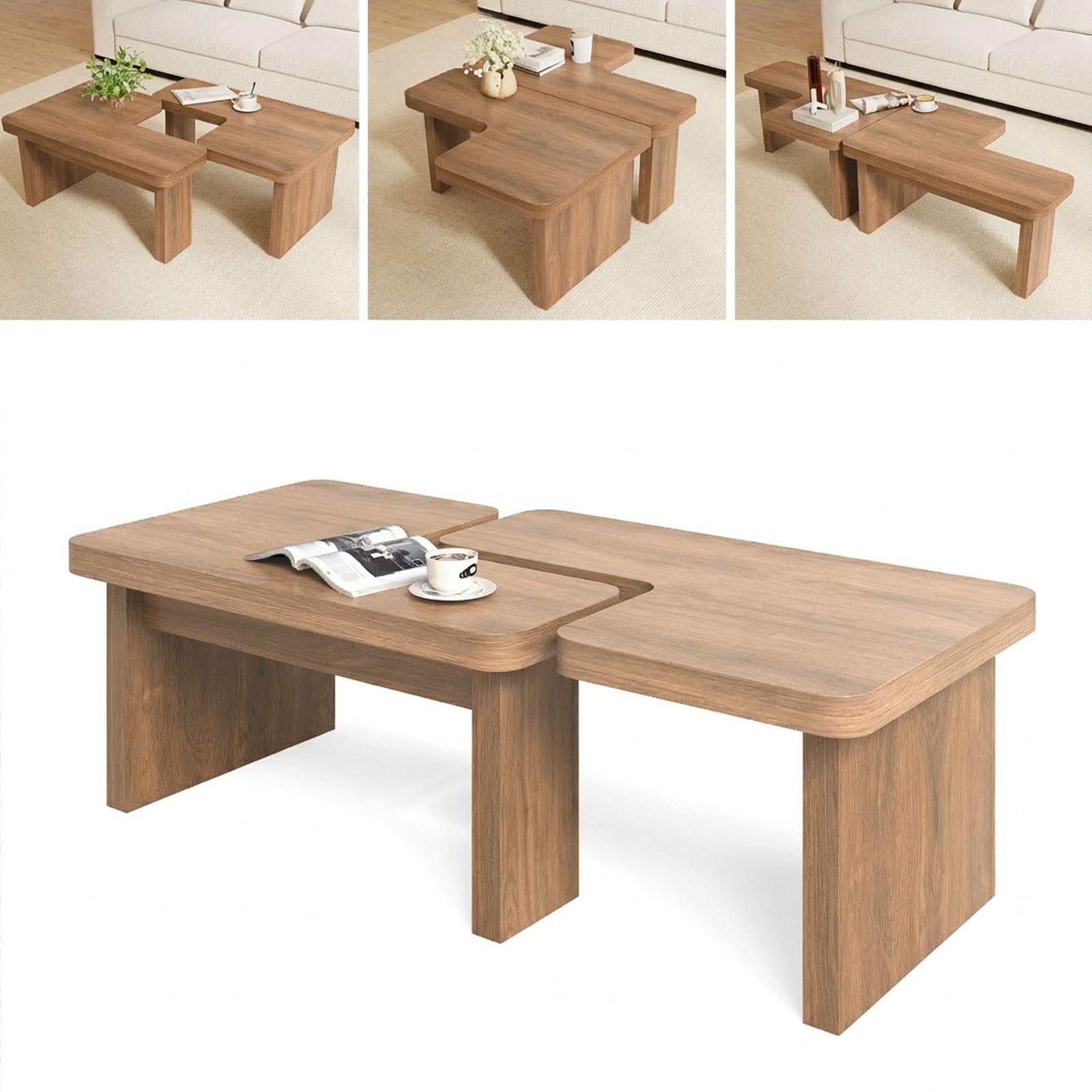 Farmhouse Coffee Table 53-Inch Accent Center Table with Thicken Base Multiple Layouts Switch Between Square and Rectangular Table