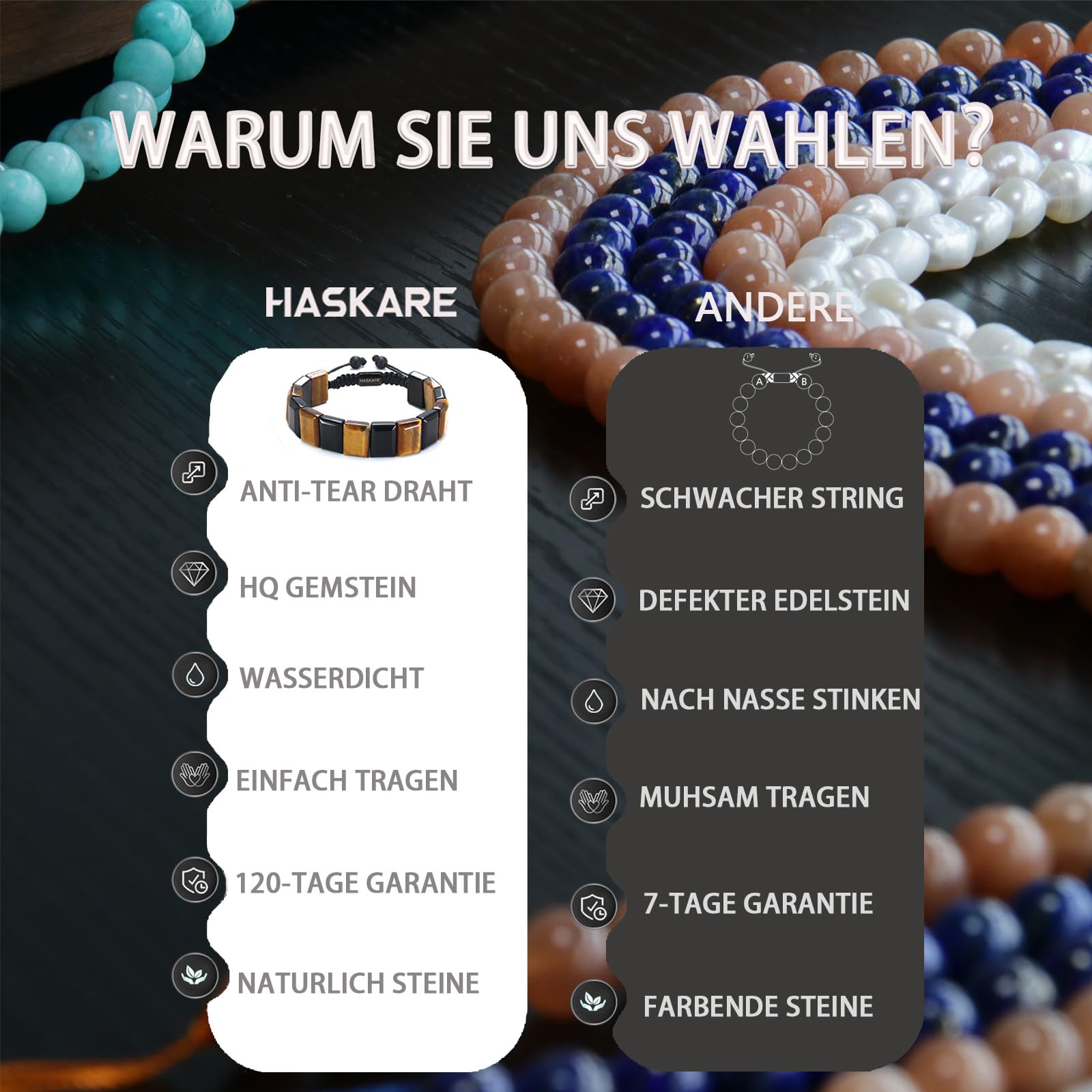 HASKARE Herren Naturstein-Armband Set – Schutz Kristall Howlith Obsidian Tigerauge-Armband handgefertigt verstellbar maskuliner spiritueller Schmuck, Geschenk für ihn Vater zu Geburtstag – Stressabbau
