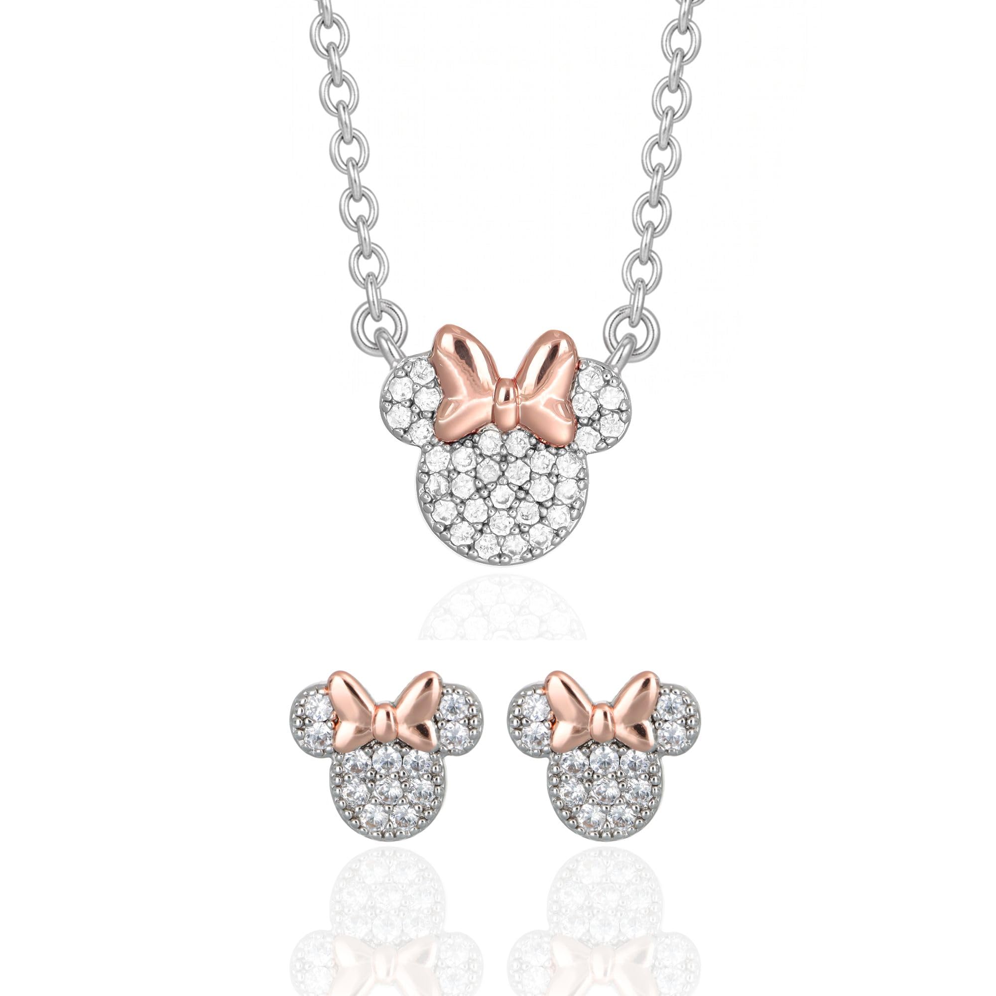 Disney Set Collana e Orecchini Minnie Mouse, in Ottone con Zirconi Bianchi, per Donna, Pronto da Regalare, Gioielli Ufficiali