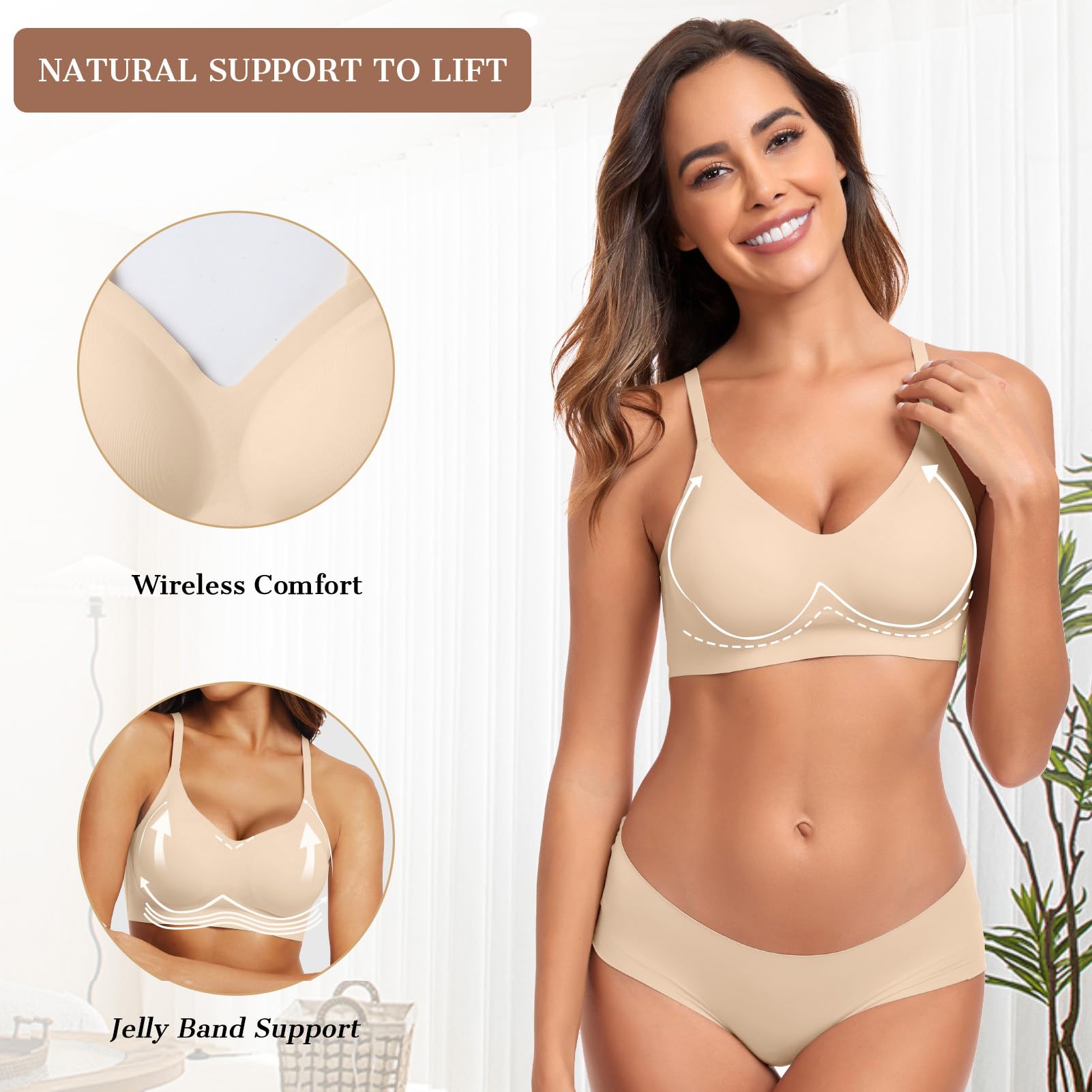 OEAK Womens Wireless Jelly Bras Comfortable Push Up Bra No Underwire Gel Bra Full Support Lift Everyday Seamless Tshirt Bras: XX-Large Beige