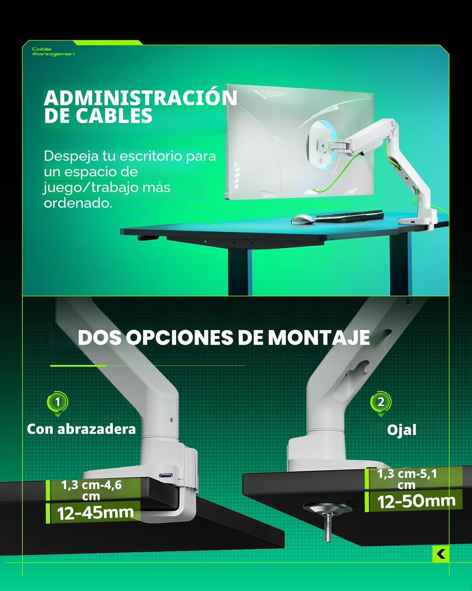 ARES WING Brazo Monitor Soporte Monitor 17-49" hasta 20kg con USB Blanco | Brazo para Monitor Plano y Curvo Ergonómico, Resorte de Gas, VESA 75/100 mm, Altura Ajustable, Giro 360°, Inclinación ±20°