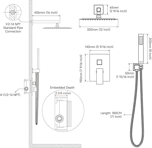 Miniatura 8 de Emabather. - Sistema de ducha negro de 12 pulgadas, de montaje, grifo de ducha con cabezal de ducha de lluvia cuadrado y soporte de mano, negro