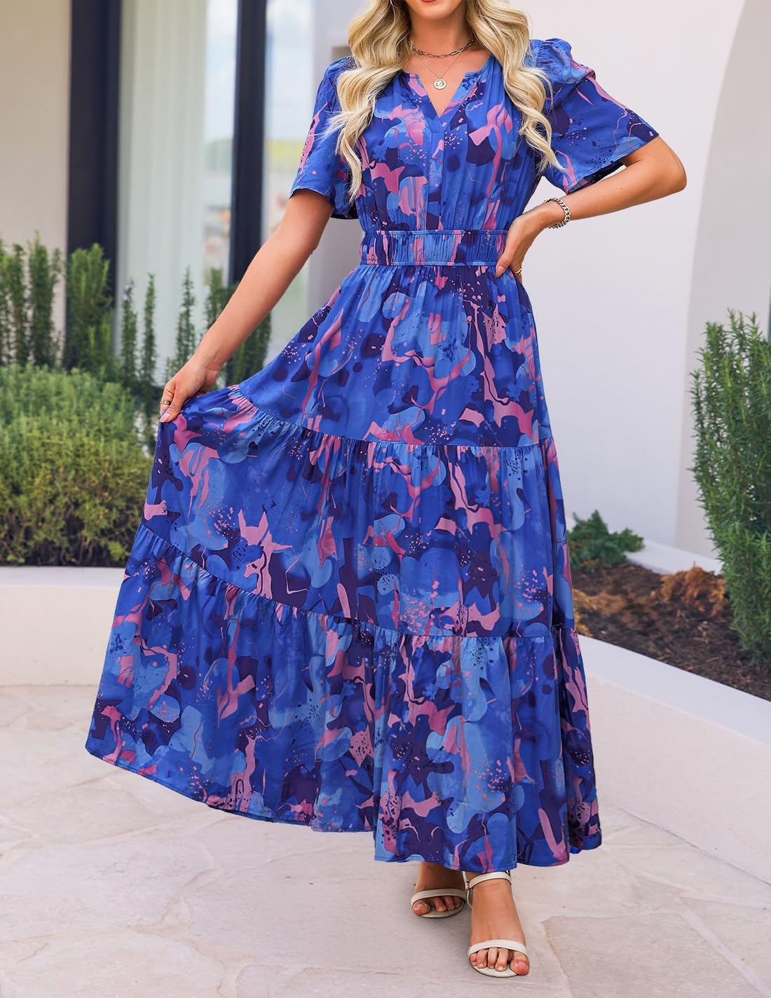 ZESICA Women's 2026 Summer Spring Floral Boho Maxi Dresses Casual Short Sleeve V Neck A Line Flowy Beach Vacation Dress - Image 2