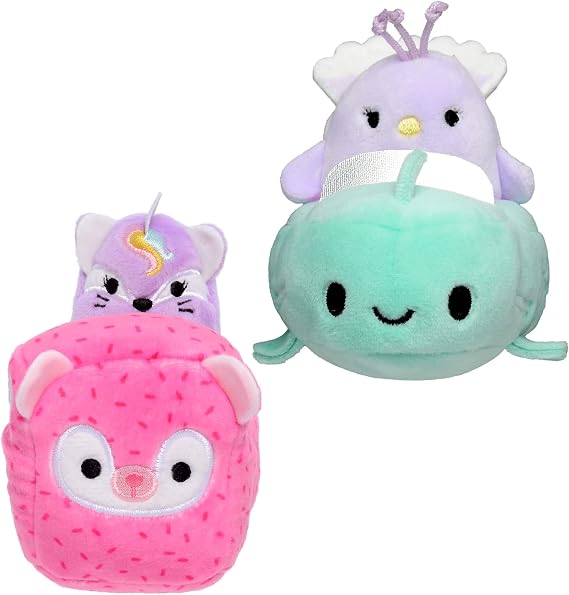 Squishville Squishmallows Sharde in Truck & Elina in Boat - Two 2 Mini Lavender Foxicorn & Purple Peacock Plush, Truck & Boat Vehicles, Irresistibly Soft Plush -