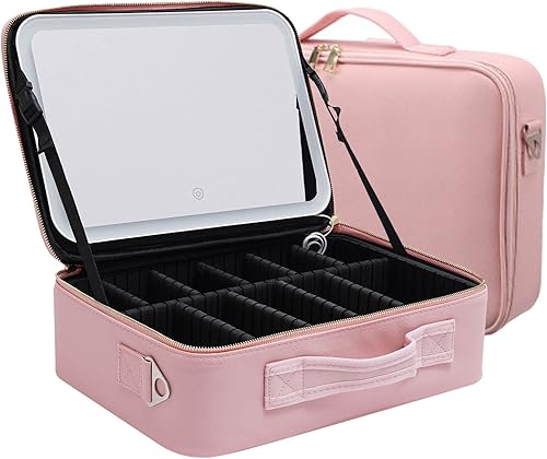 Bolsa de maquillaje de viaje con espejo estuche de maquillaje portátil organizador de maquillaje caja de maquillaje con divisores ajustables bolsa