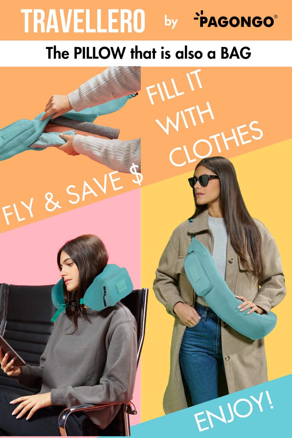 PAGONGO TRAVELLERO Cuscino da Viaggio Riempibile con Vestiti | Borsa Cuscino da Viaggio | Cuscino Viaggio, Viaggio Accessori Utili, Cuscino Aereo Viaggio, Accessori Viaggio Aereo, Taglia L, Aqua