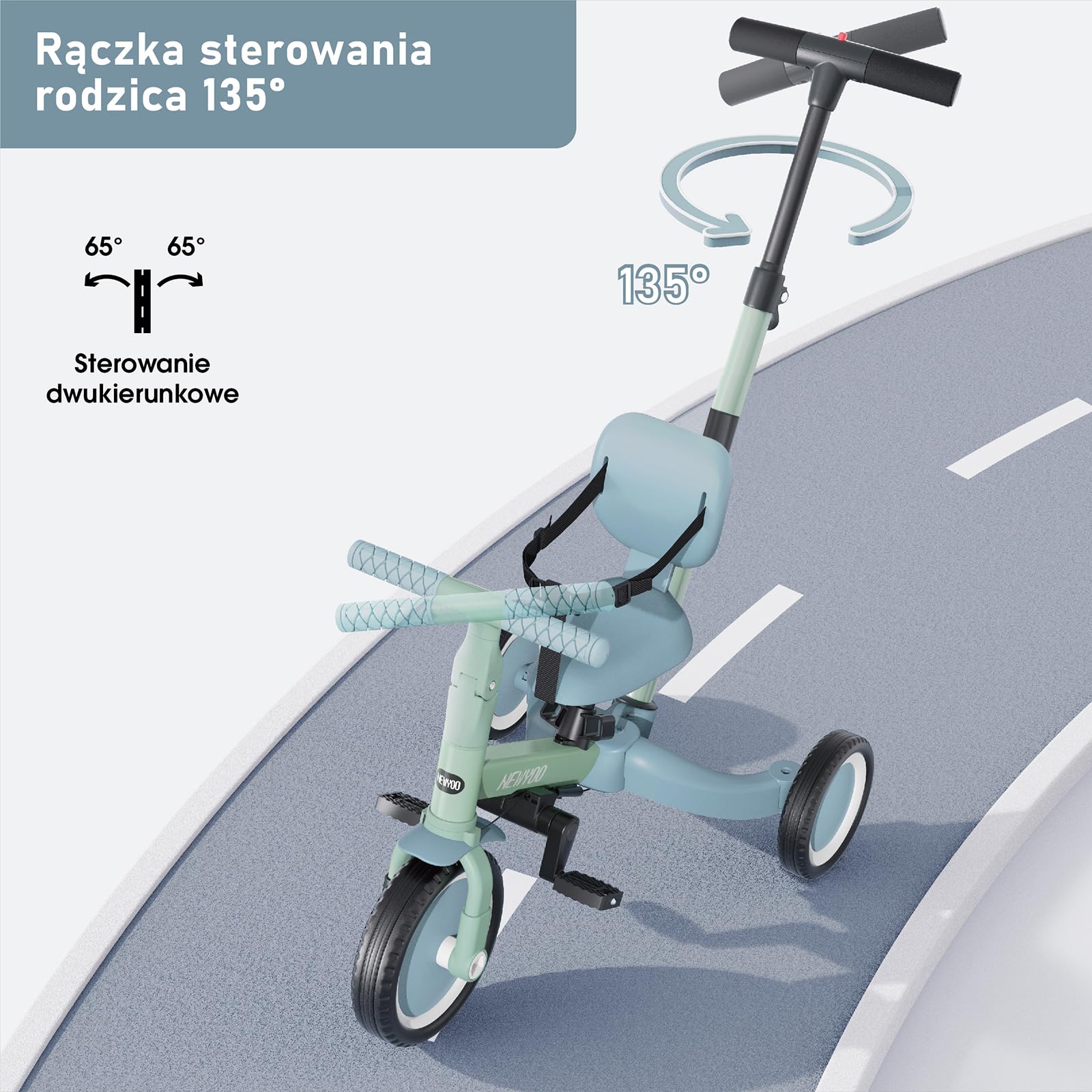 newyoo Trójkołowiec z rączką dla rodzica, dzieci 1-3 lat, rowerek biegowy, prezent urodzinowy i zabawka do jazdy, 5 w 1, rowerek z pasem bezpieczeństwa, Zielony, TR007