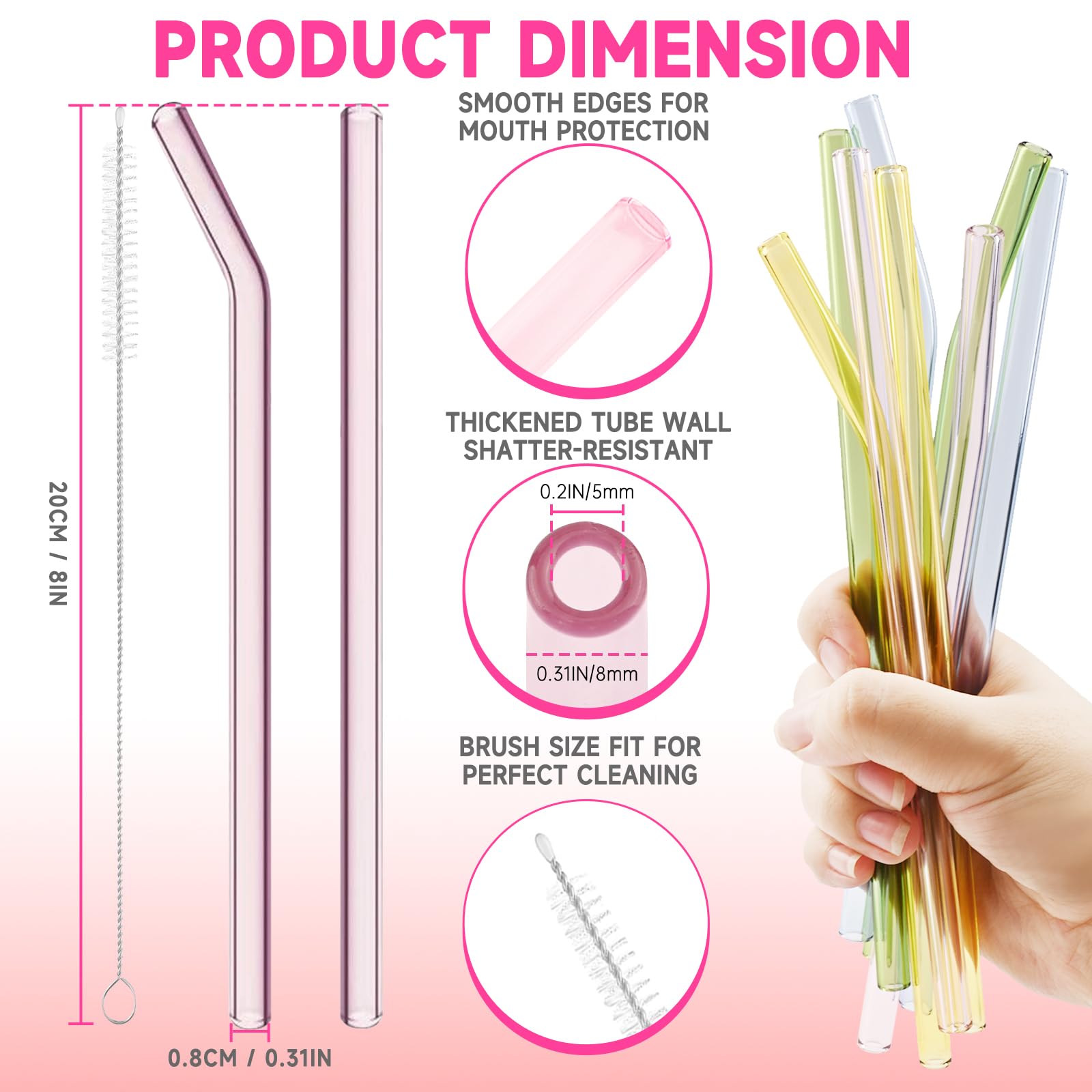 Reusable Glass Straws Shatter Resistant 8” x 8mm, 10 Pcs Colorful Glass Drinking Straws with 2Pcs Cleaning Brush, Including 5 Straight and 5 Bent Reusable Straws for Beverage, Milk, Juice, Coffee: 30 Colorful