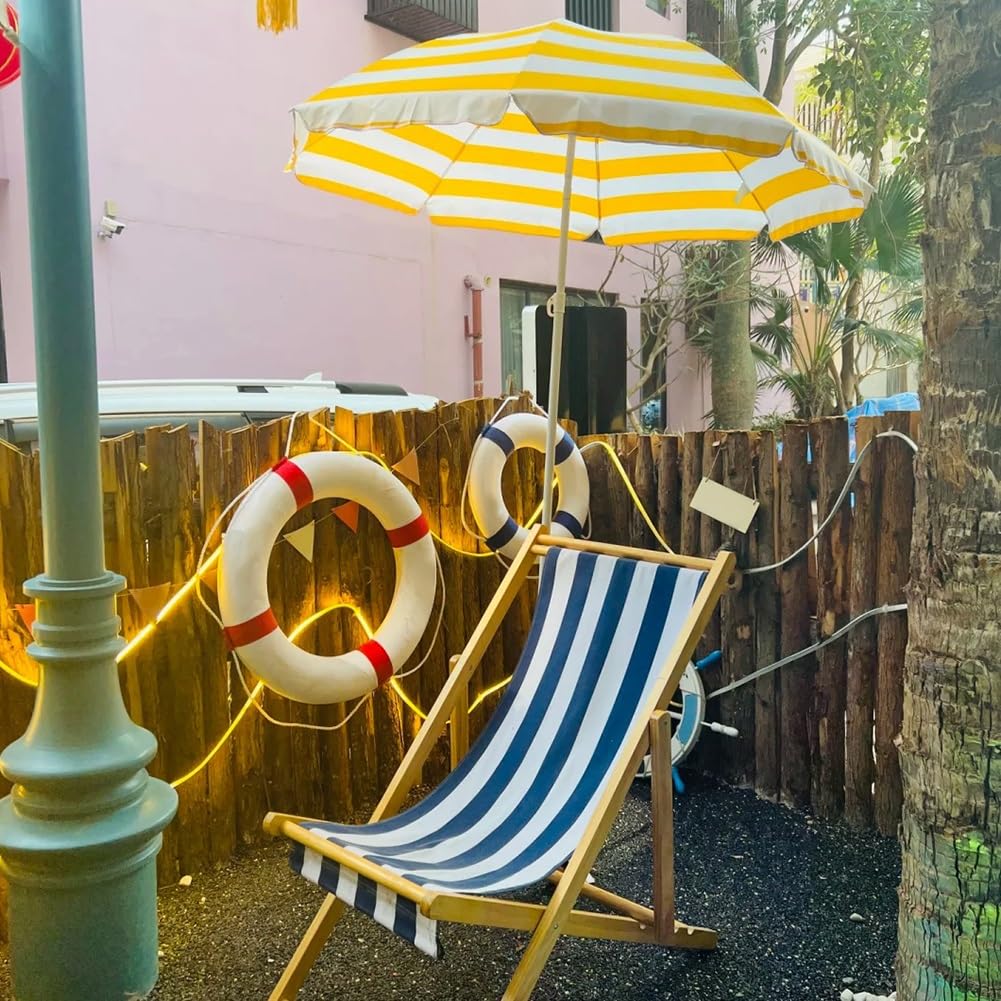 Parasol Plażowy Uchylny 160 cm, Mały Parasol Ogrodowy W Paski Odporny na Ochrona UV z Regulowaną Wysokością, na Imprezę Przy Basenie na Podwórku