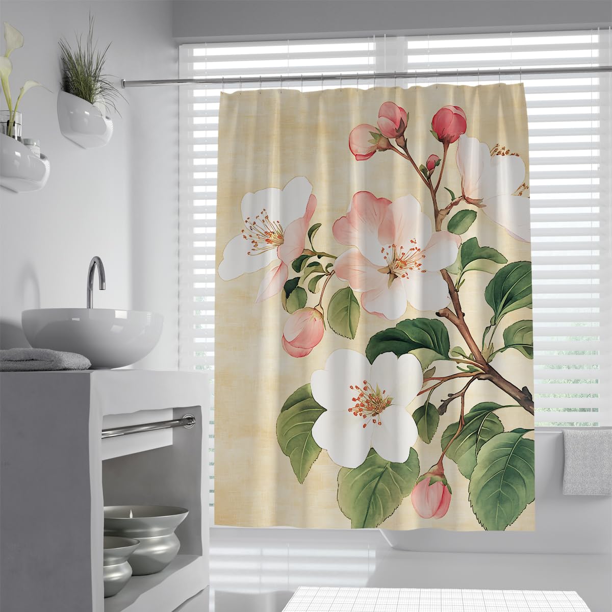 UIRINGART Traditional Asian Sakura Cherry Blossom Tree Shower Curtain W120xL180cm Vintage Beige Floral Plum Plant Pattern Polyester Mildew Resistant Quick Dry Bathroom Screen