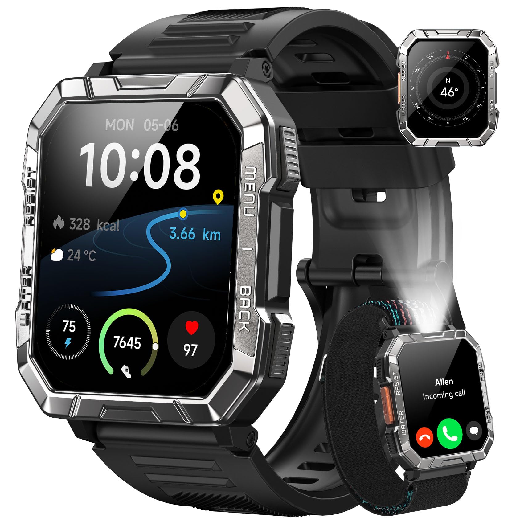 Blackview Montre Connectée Homme Militaire, Torche LED SOS & Boussole, 100j d'autonomie 960mAh, Appel Bluetooth, Podomètre, Suivi Santé 24h, 120+ modes sport, IP68, antichoc, iOS & Android compatibles