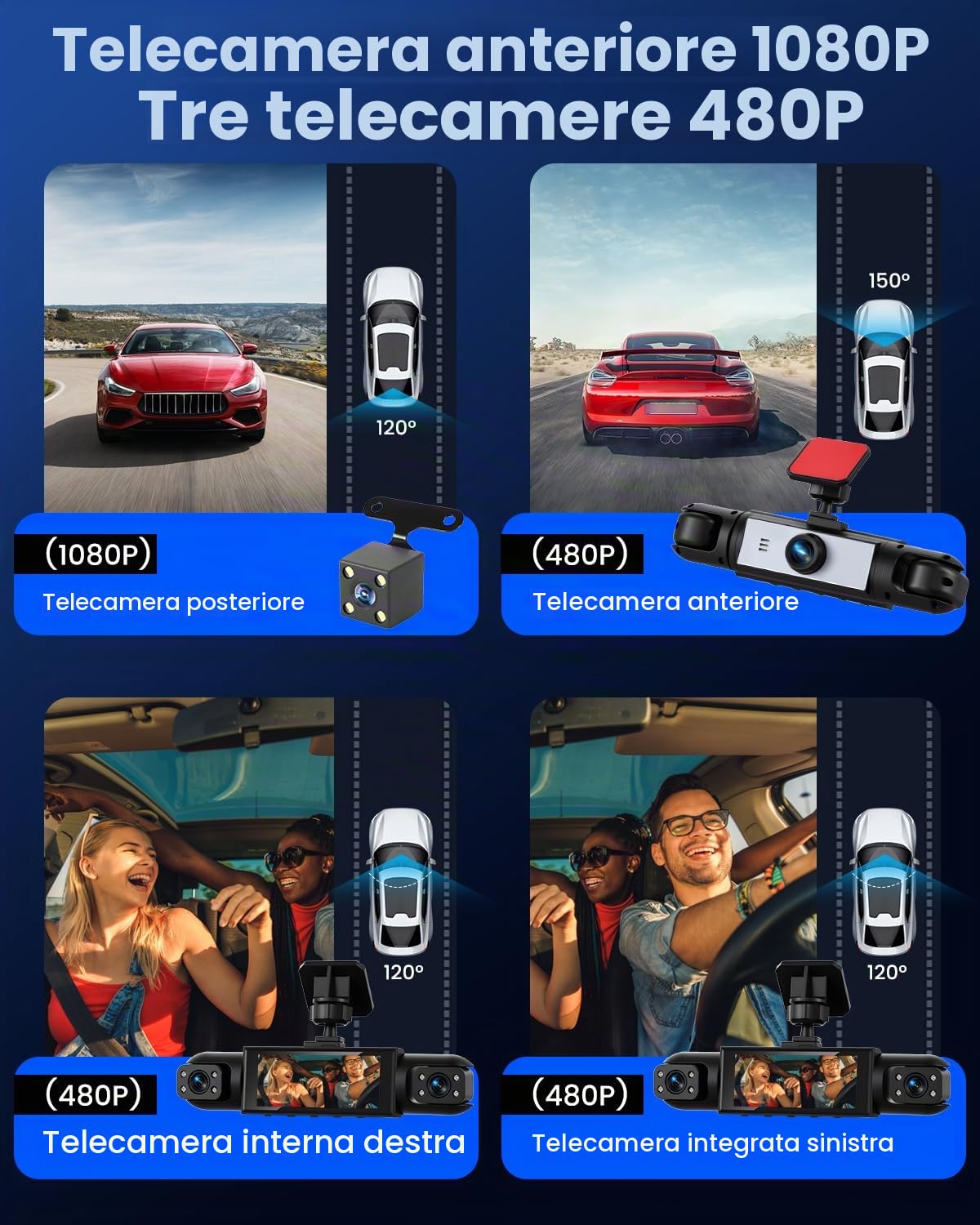 NHOPEEW Dashcam a 4 canali anteriore e posteriore per auto con display da 3,16 pollici - Dashcam a 360° con supporto 8R, visione notturna, registrazione in loop e rilevamento del movimento