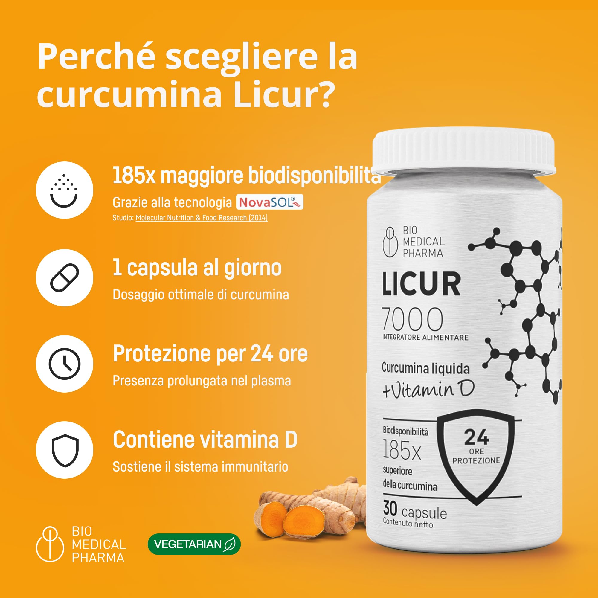 Curcuma capsule alta concentrazione - 185x biodisponibilità, curcumina micellare NovaSOL con vitamina D3, senza piperina (30 capsule)