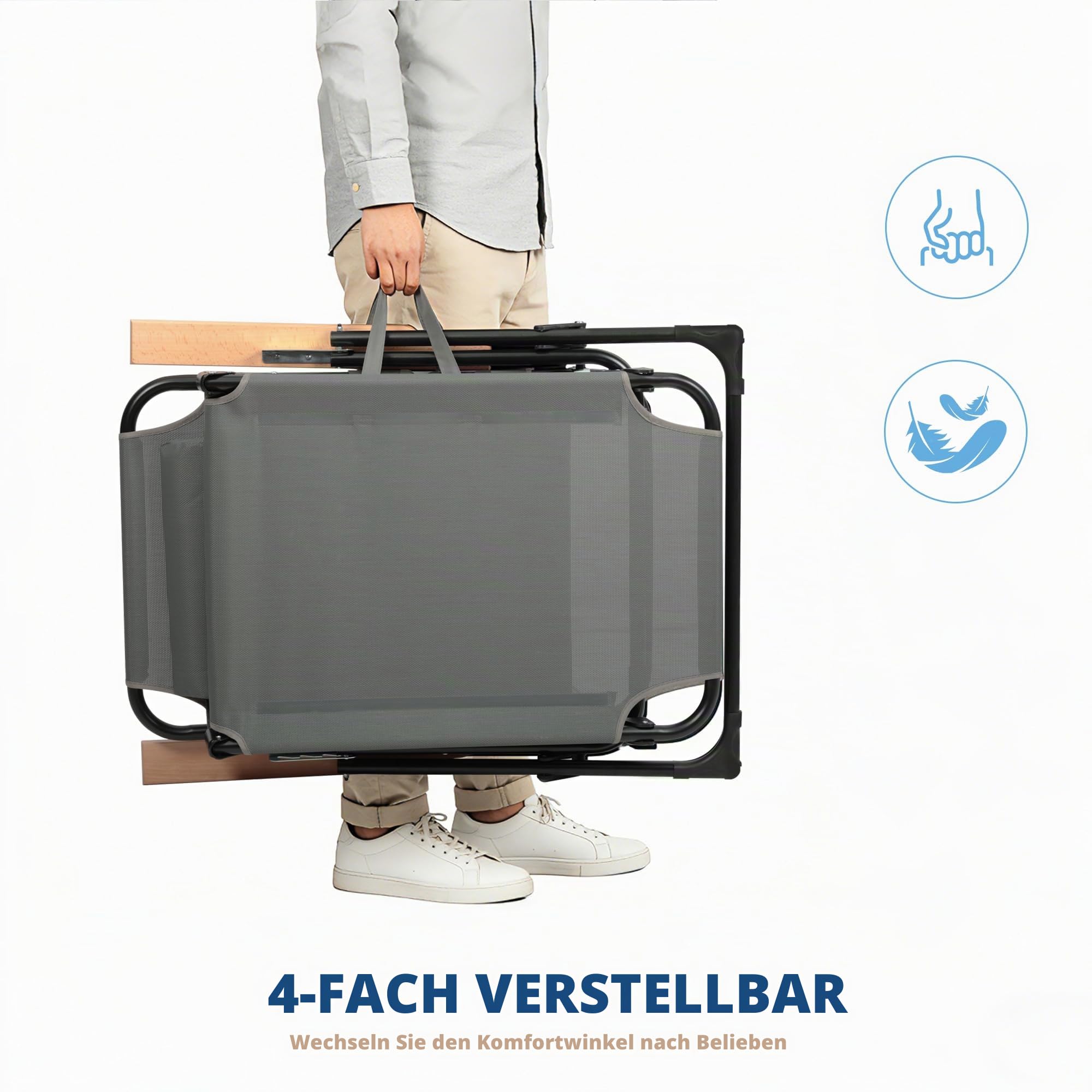 Sonnenliege klappbar mit Dach & 4-Fach Verstellbare Rückenlehne, Gartenliege mit Kopfkissen bis 150 kg, Tragbar Strandliege Liegestuhl, Campingliege für Pool, Strand (Grau mit Dach)
