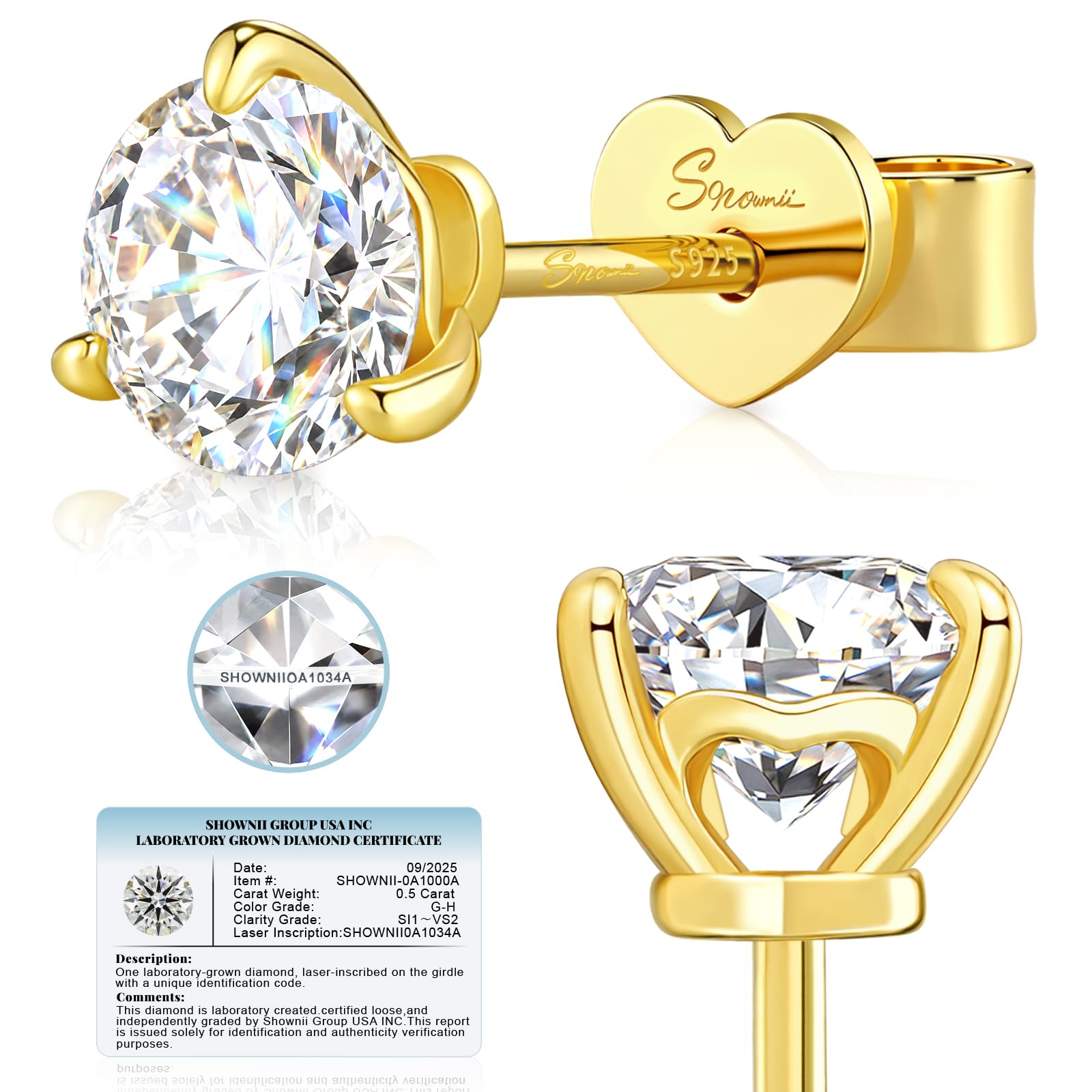 SHOWNII LAB GROWN Diamond Stud Earrings for Women 0.5CT Push Back