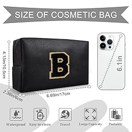 Personalized Initial A-Z Preppy Patch Makeup Bag,Small PU Chenille Letter Cosmetic Bag with Zipper for Teen Girls,Black Cute Toiletry Organizer Bag,Monogram Makeup Case Gift for Women Girls,Letter B