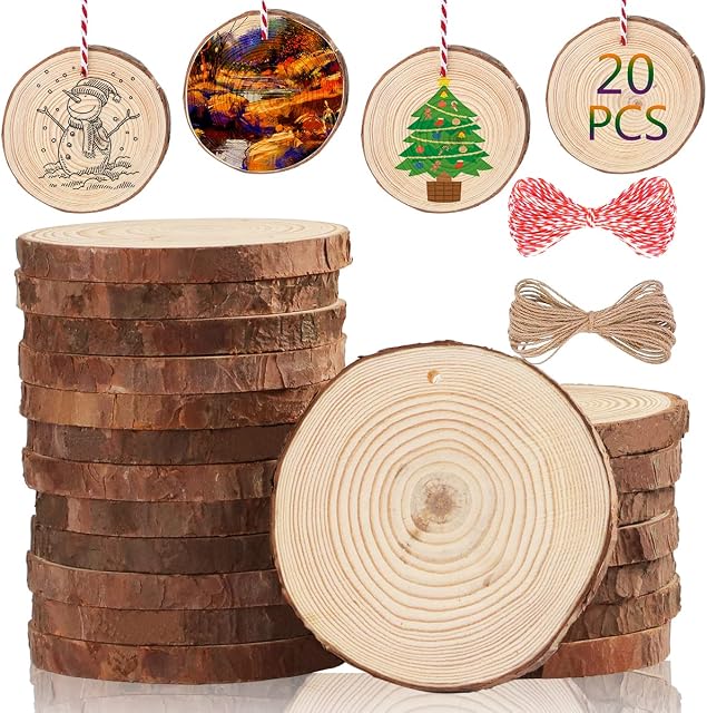 Ywlake Natural Wood Slices 20pcs 9-10cm Unfinished DIY Crafts Pre-drilled with Hole Round Wooden Circles for Painting Arts Rustic Wood Slices Christmas Ornaments Decor
