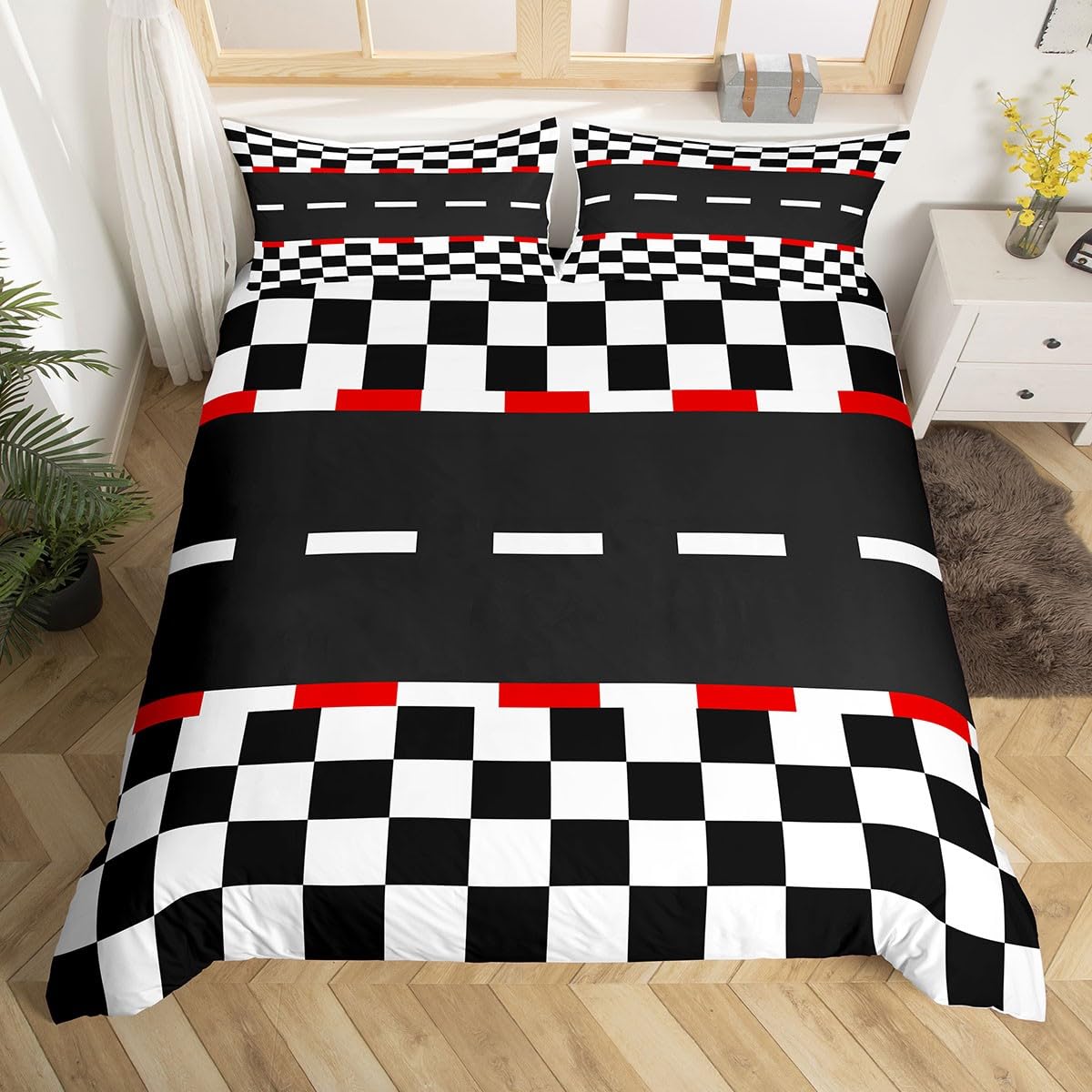 Racing Track Duvet Cover,Kids Black White Grid Bedding Set,Speed Race Car Comforter Cover for Boys Girls Room Decor,Extreme Sports Lightweight Bedspread Cover Single Size with 1 Pillow Case