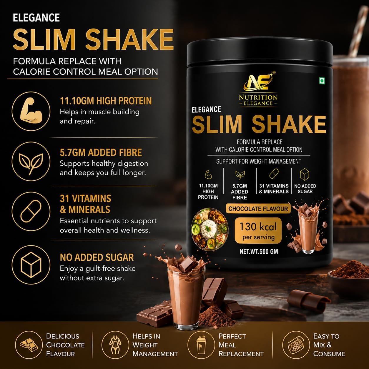 Slim Shake Chocolate Flavour 500 g – 130 kcal Meal Replacement Powder with 11.10 g Protein, 5.7 g Added Fibre, 31 Vitamins & Minerals, No Added Sugar — Amazon image 3
