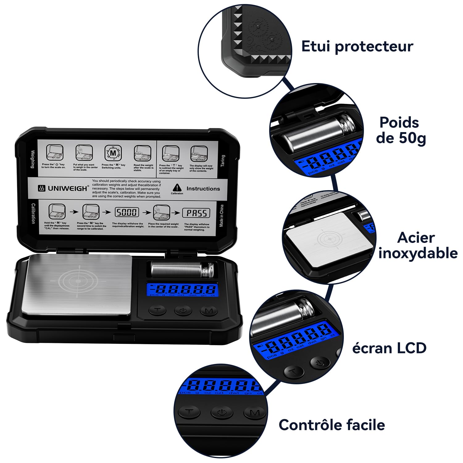 UNIWEIGH Balance de milligramme 50 g/0,001 g numérique de haute précision avec écran LCD/tare, 6 unités de micro-grammes pour poudre médicamenteuse, pièces de monnaie, or, rechargement – Poids Cal