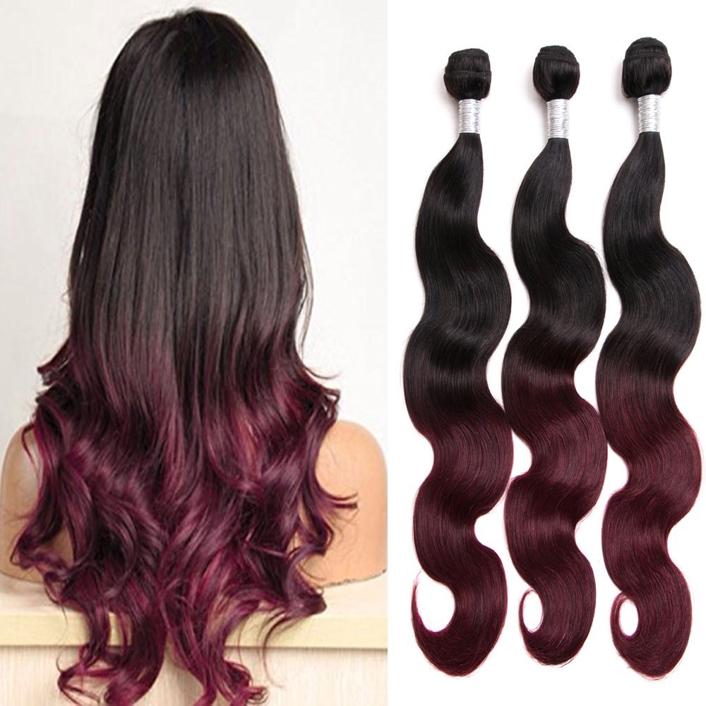 XUANMEI- Hair Extensions, Body Wave Weaving With Double Strong Weft #1b/99j Color, Mixed Bundles 100% Unprocessed Virgin Brazilian Human hair, Soft, Shiny and Fashion (18 20 22 inch)