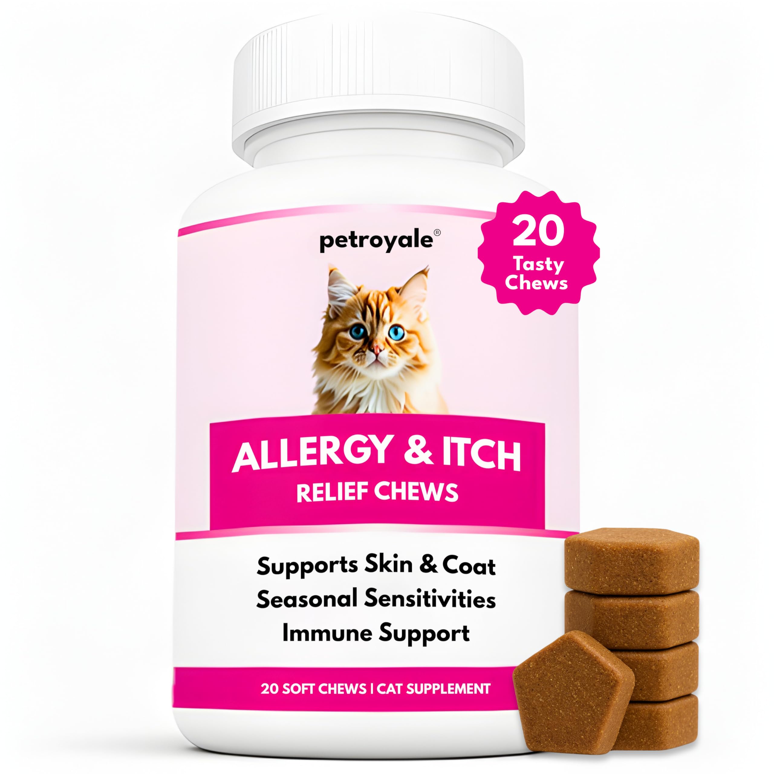 Petroyale Allergy & Itch Chews for Cats | Natural Relief for Seasonal Allergies | Hot Spots | Food Sensitivities | Dry Skin | Paw Licking | Scratching | Immune Support | Healthy Skin - 20 Chews