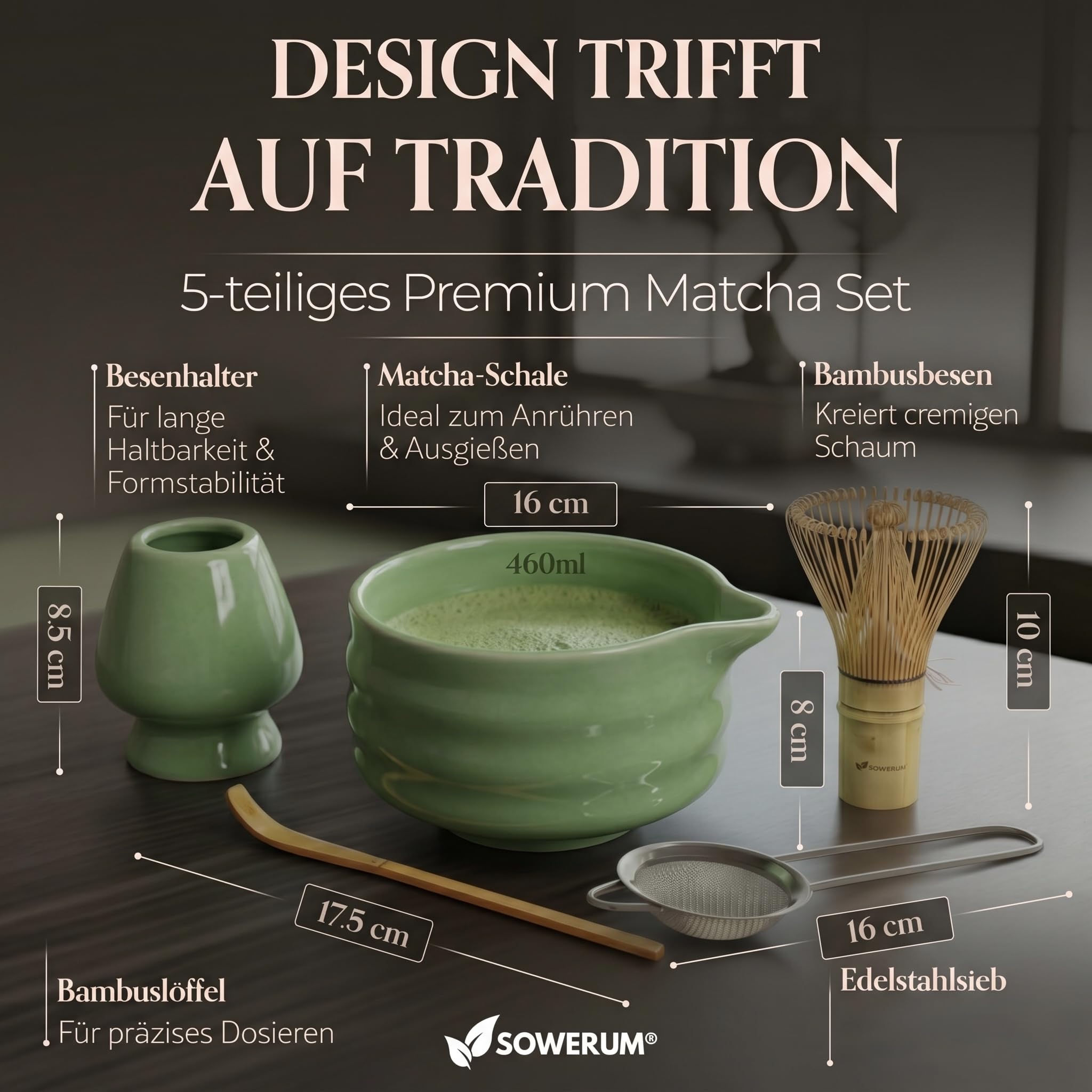 Matcha Set 5-teilig – Matcha Zeremonie Set mit Schale, Bambusbesen, Halter, Sieb & Löffel – Japanisches Tee Set Geschenk für Frauen & Männer – Matcha Zubehör Starter Set (Grün) (Grün)