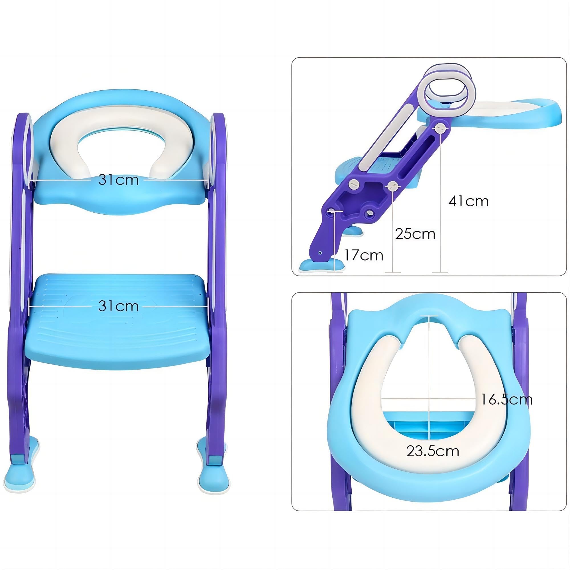 Sedile WC per bambini per WC per adulti, riduttore per WC pieghevole, con cuscino e maniglia, per WC per bambini con scala regolabile a 2 piani (blu e lilla)