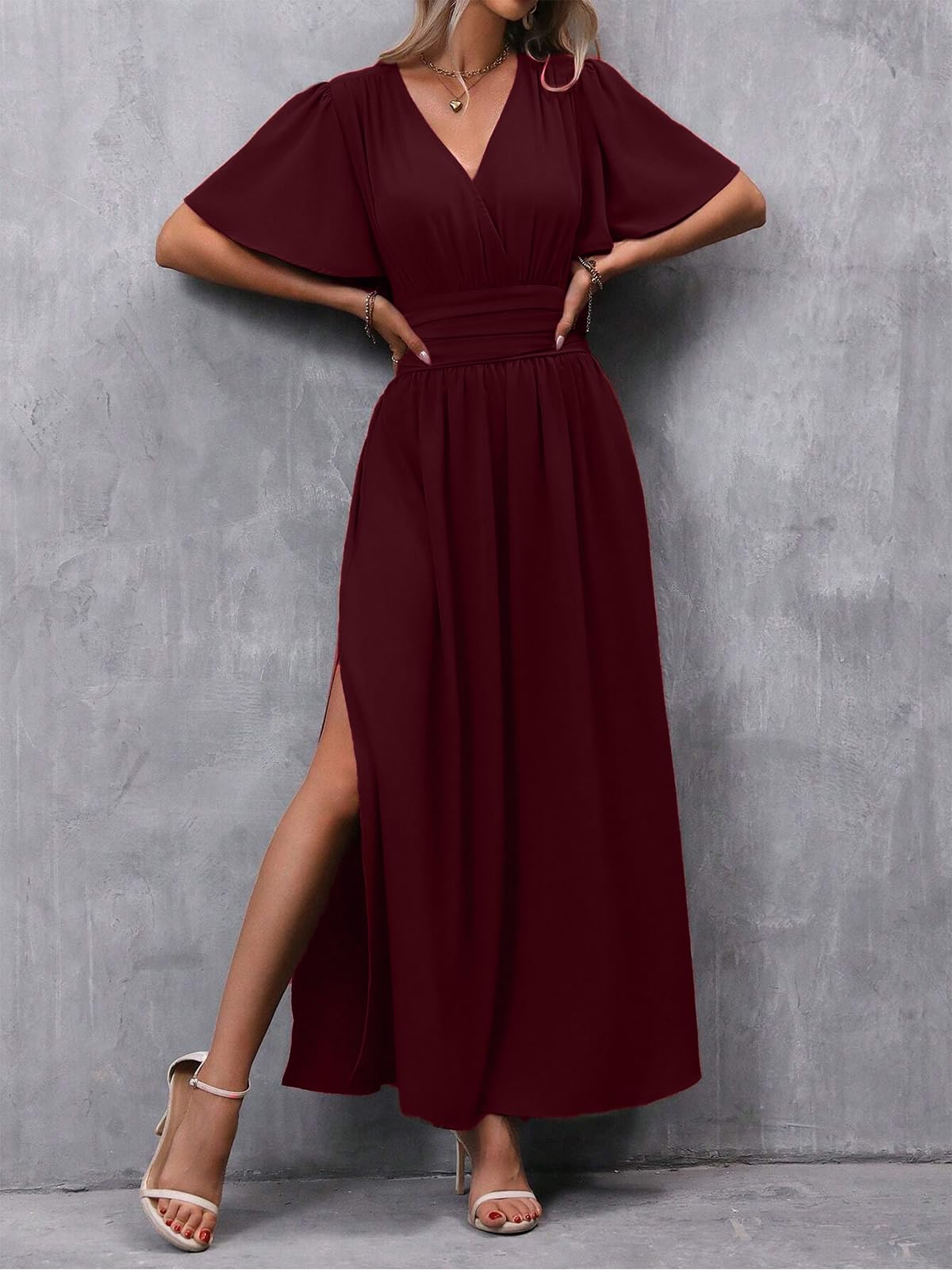 Abito Estivo da Donna Elegante Scollo a V Plissettato Vita Alta Abito Lungo con 2 Side Spaccato Causal Manica a Farfalla Vestiti Estate Abiti