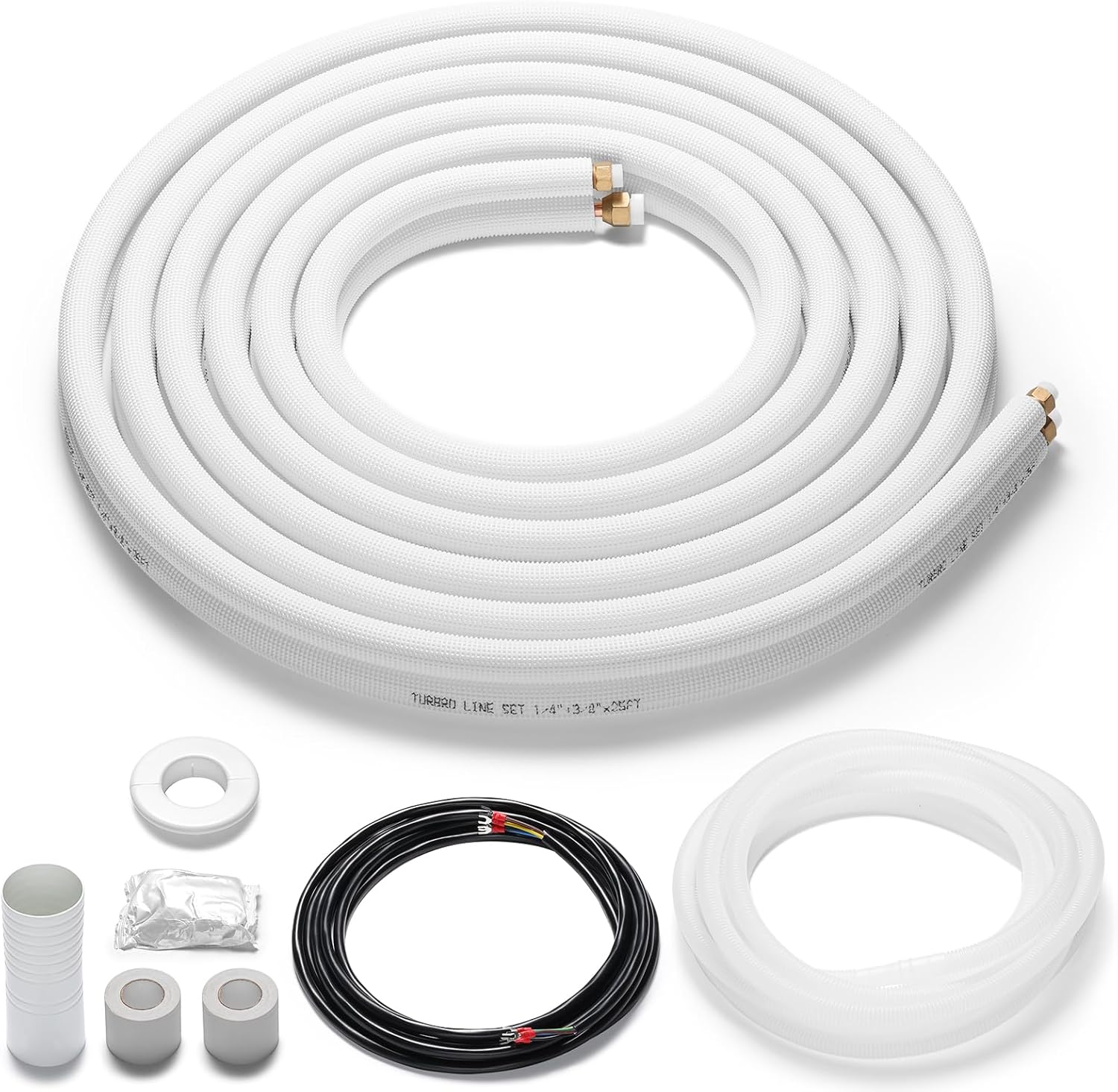 TURBRO 25 Ft. Mini Split Line Set, 1/4" & 3/8" O.D. Copper Pipes Tubing, Thickened PE Insulated Coil Copper Line for Mini Split or Heat Pump Air conditioner and HVAC with Fittings