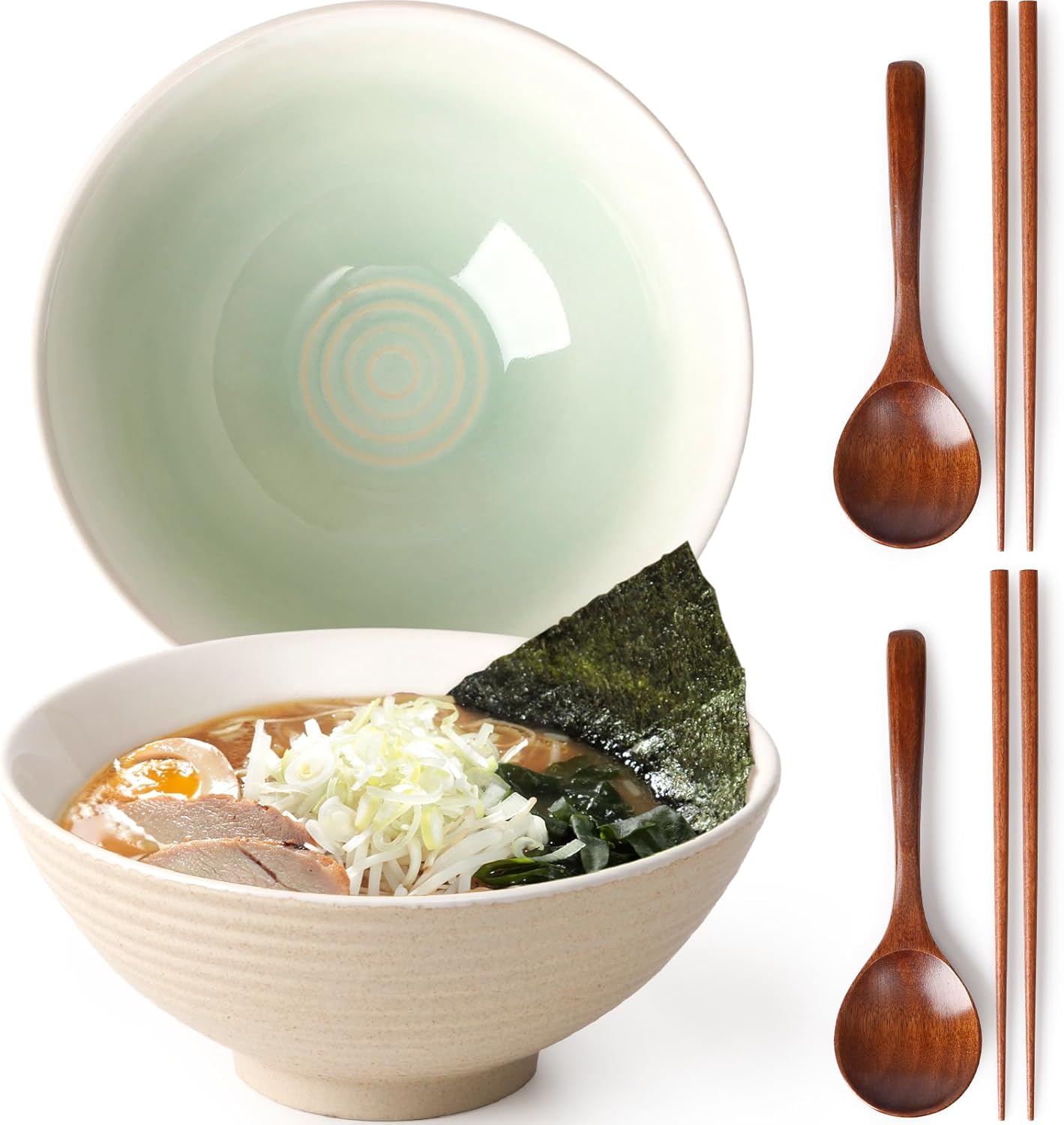 NUTRIUPS 8 Inch Ceramic Ramen Bowl Set of 2 Pho Bowls 40oz Japanese Noodle Udon Soup Bowls with Spoons and Chopsticks (Teal)