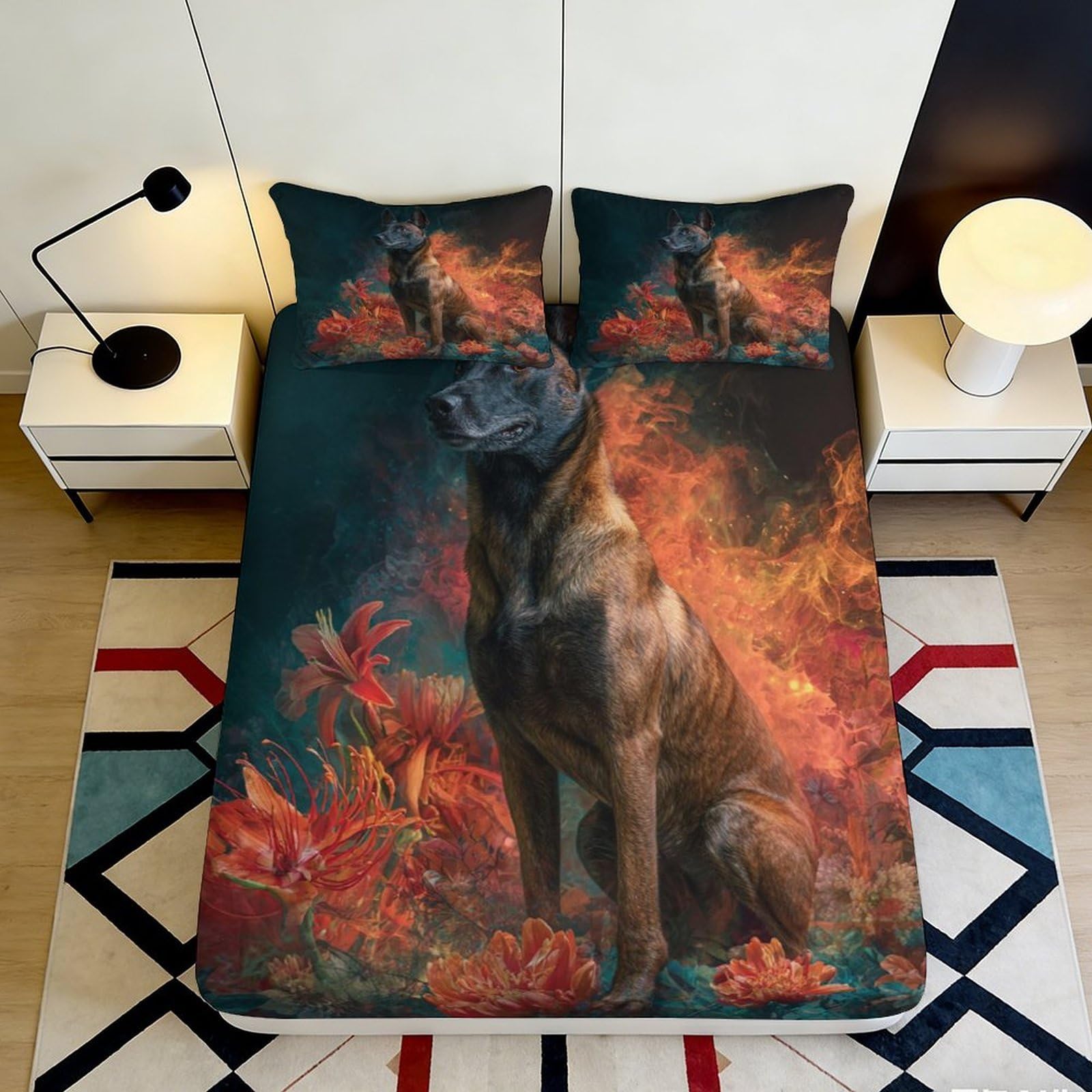 Dhbaneiok Style-9 3D Printed Fire Dog Fitted Sheet Microfiber Soft Breathable Forest Flames Bed Cover For Bedroom Dorm Decor 90X200x25cm
