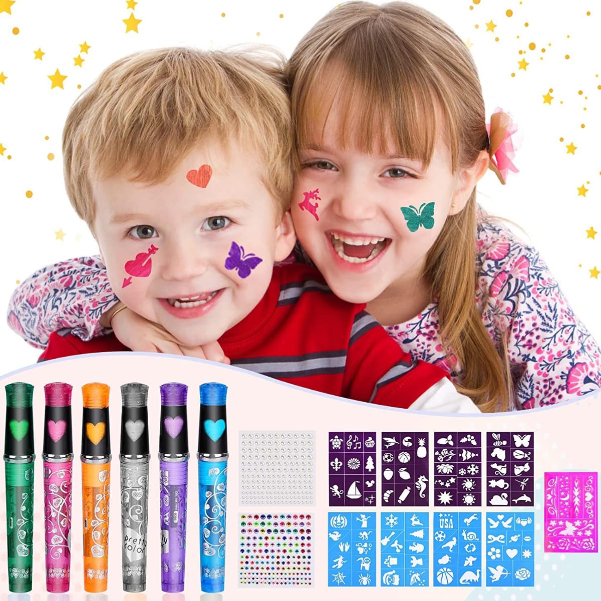 KARLOR Lápices de tatuaje para niños, lápices de tatuaje para la piel, 6 lápices de tatuaje con 5 plantillas y 4 hojas de brillantes para cara, set de bolígrafos de gel para niños, niñas, Halloween