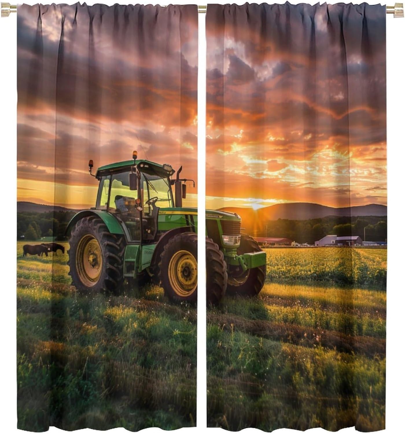 Farmhouse Tractor Blackout Curtains, Sunset Grassland Farm Scenery Home Decor Rod Pocket Window Drapes for Living Room Bedroom- 2 Panels 42" W x 45" L