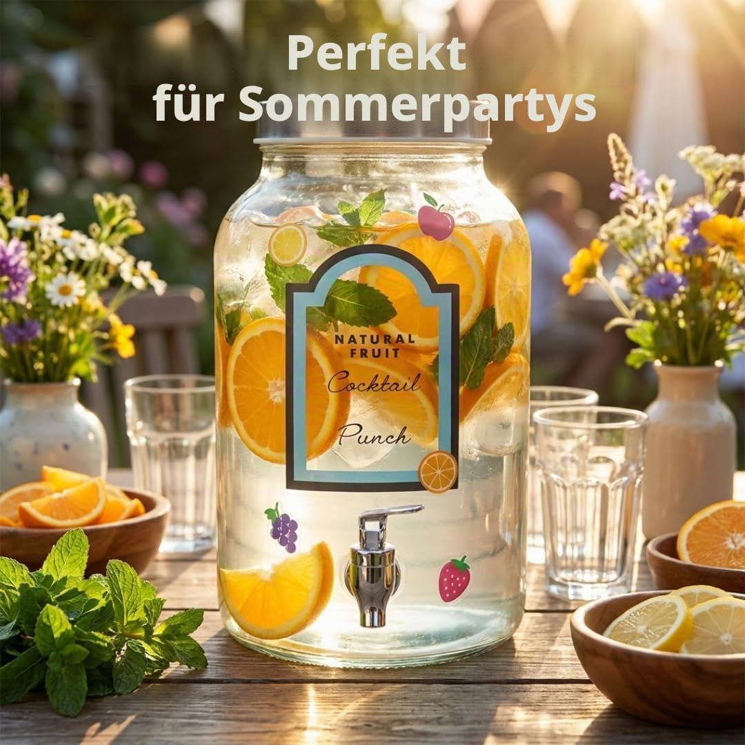 Getränkespender aus Glas mit Wasserhahn und Ständer, 5,5 l Fassungsvermögen, Wasserspender, 6 wiederverwendbare Aufkleberpackungen enthalten, sicherer Schraubdeckel/Wasser, Saft